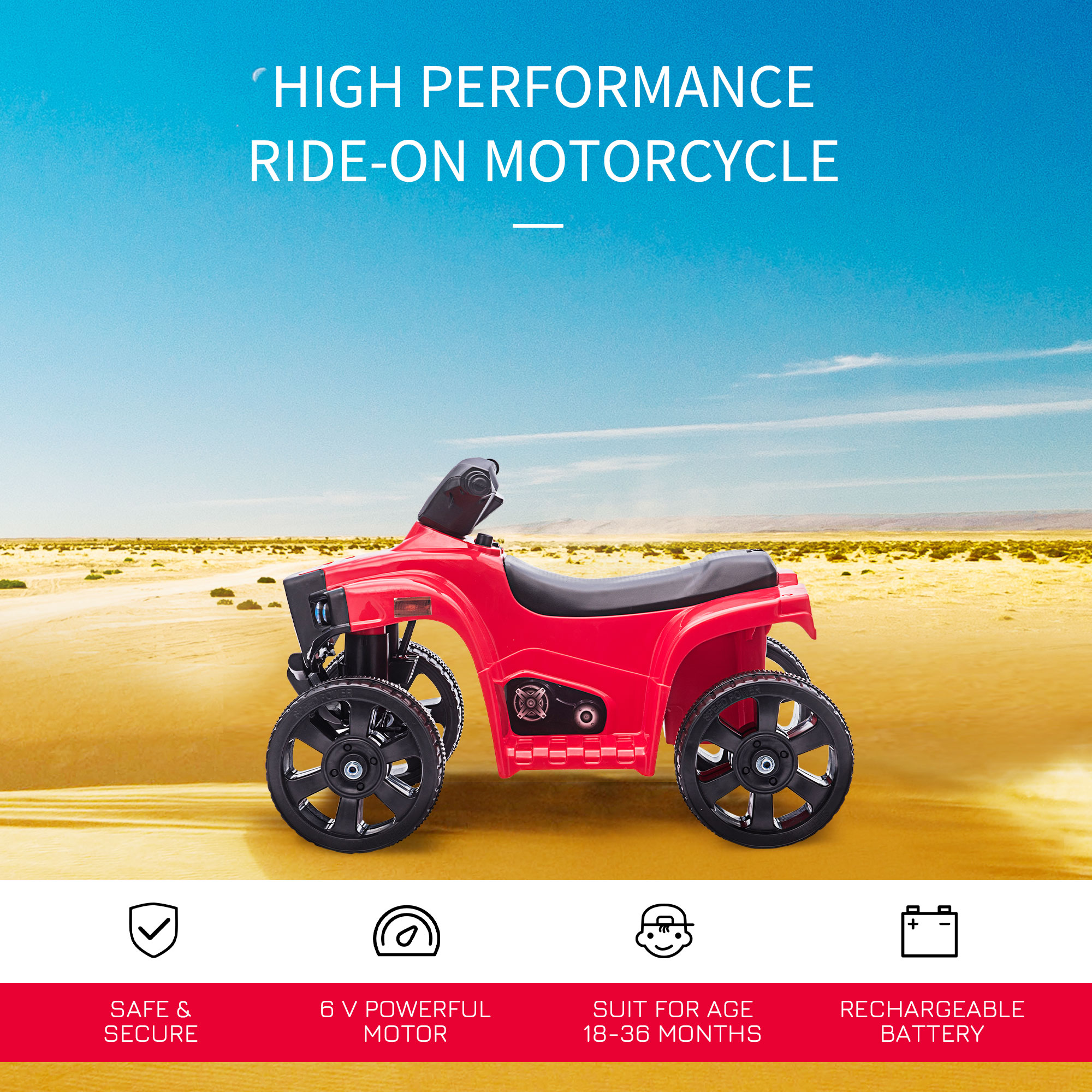HOMCOM 6V Kids Electric Ride on Car, ATV Toy, Quad Bike with Headlights, Horn, for Toddlers 18-36 Months Red 4