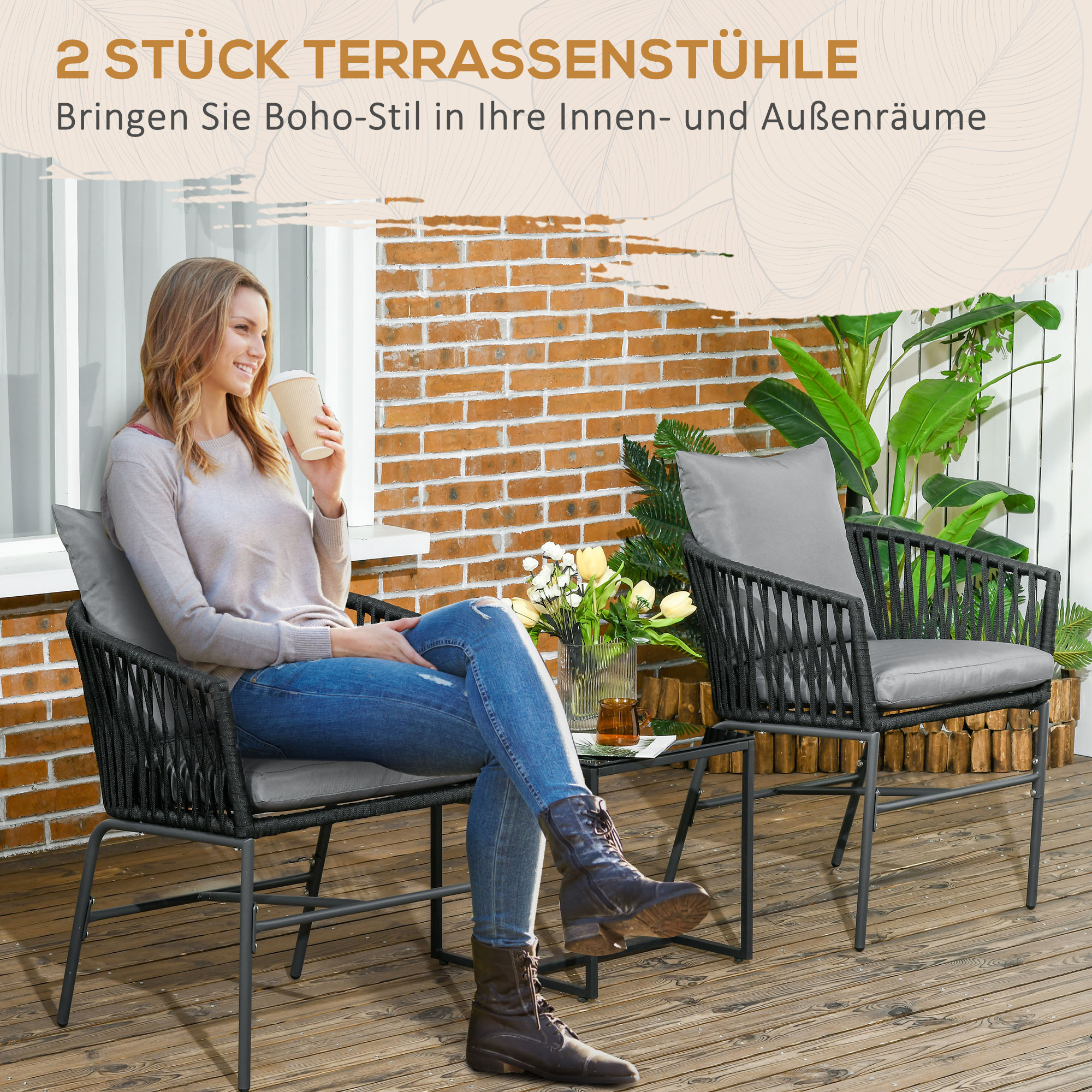 Outsunny Outdoor Stühle, 2-er Set, Boho-Design, Sitz- und Rückenkissen, bequeme Sitzschale, Metallrahmen, Schwarz