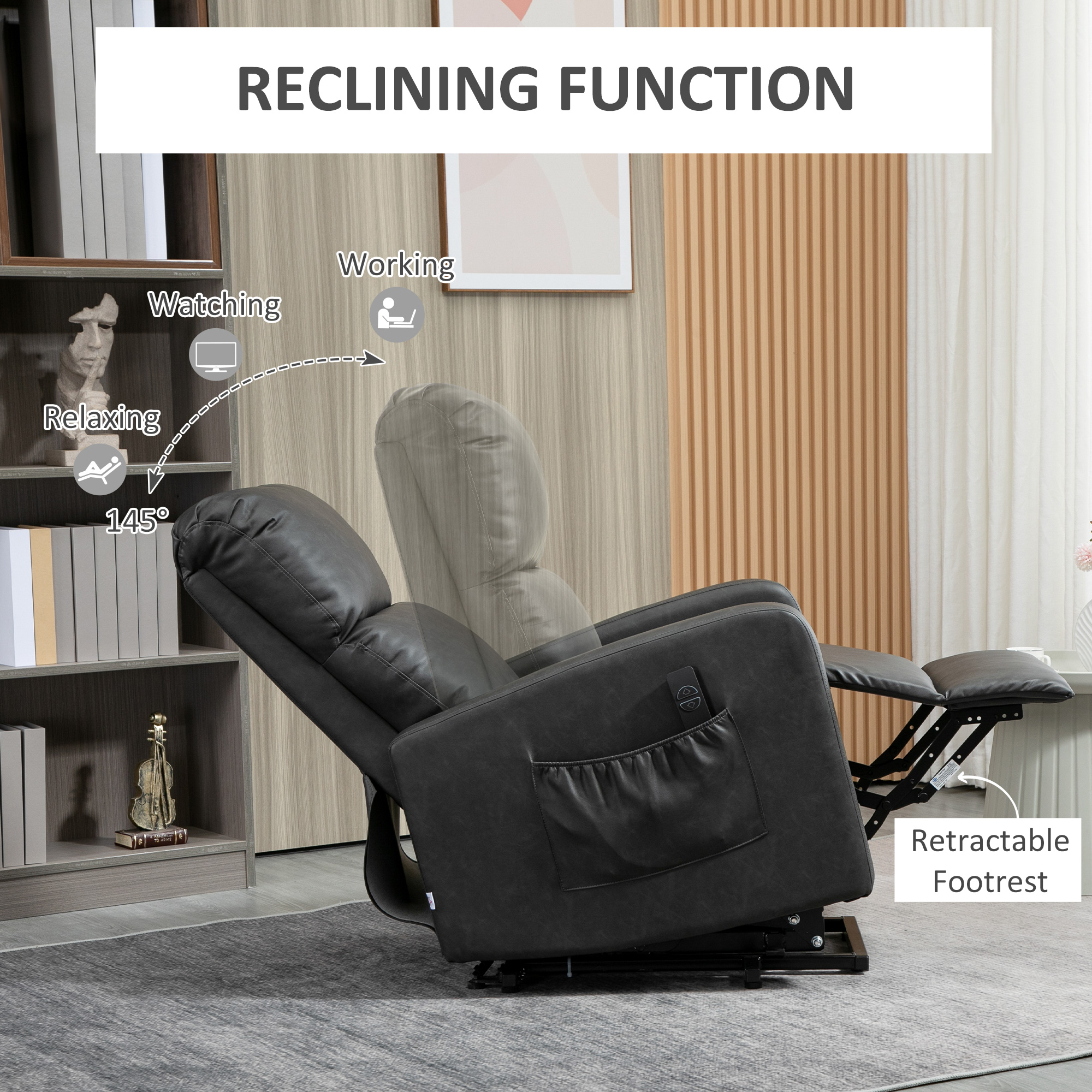 HOMCOM Riser and Recliner Chair for the Elderly, PU Leather Upholstered Lift Chair for Living Room with Remote Control, Side Pockets, Charcoal Grey 5