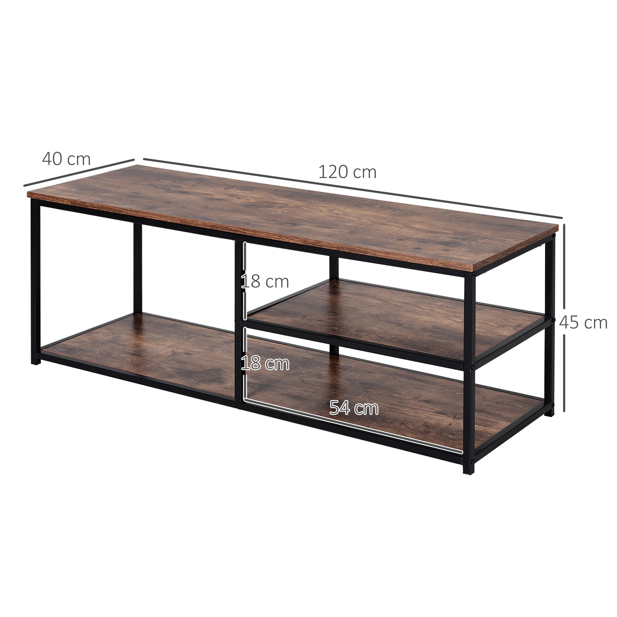 HOMCOM TV Unit for 55 inch TVs, Industrial TV Table with 2 Storage Shelves and Metal Frame, Entertainment Unit For living Room, Rustic Brown 3