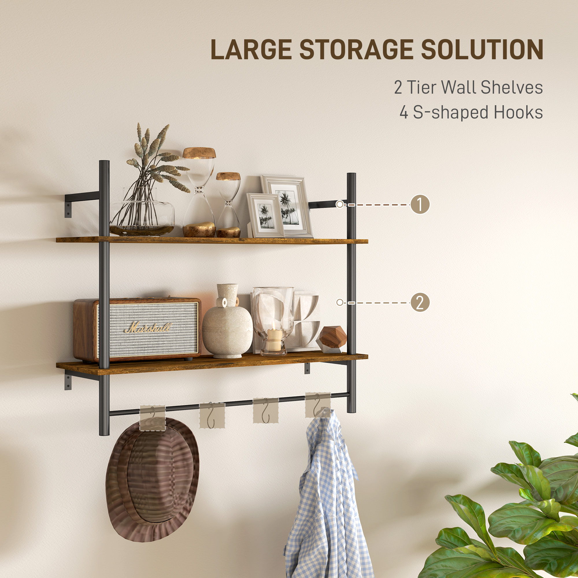 HOMCOM Wall Mounted Floating Shelves with 4 Hooks, Rustic Wall Shelf Unit for Living Room, Entryway, Rustic Brown 4
