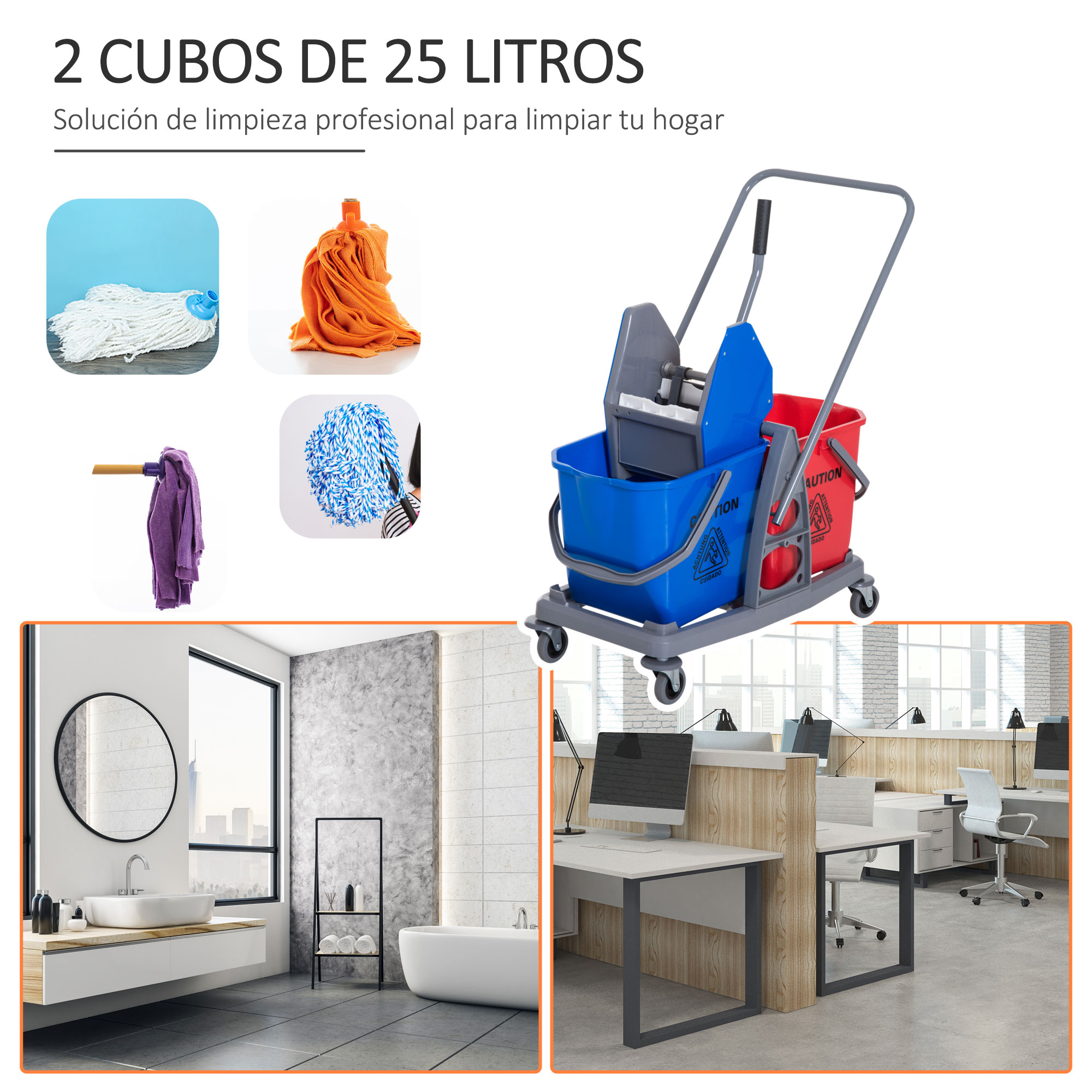 Carro De Limpieza Profesional HOMCOM - 2 Cubos De 26L, Escurridor Lateral, 4 Ruedas, 78x45x95 Cm, Color Amarillo