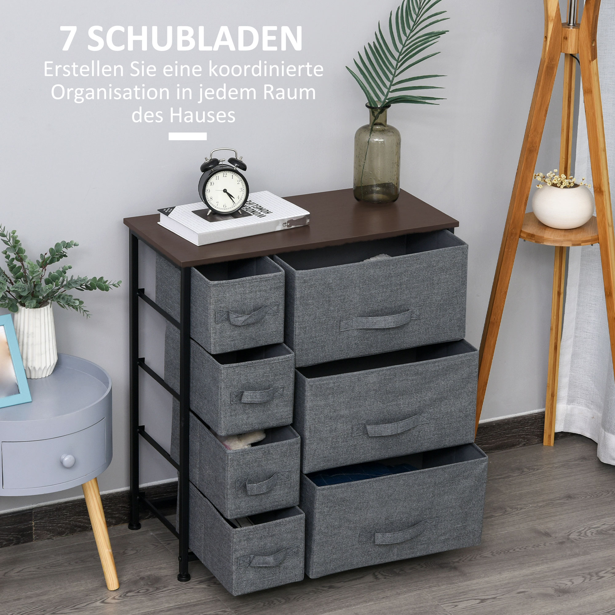 Kummut 7 kokkupandava riidest sahtliga, fliiskangast, metallraam, 63,5 x 30 x 71 cm, tumehall