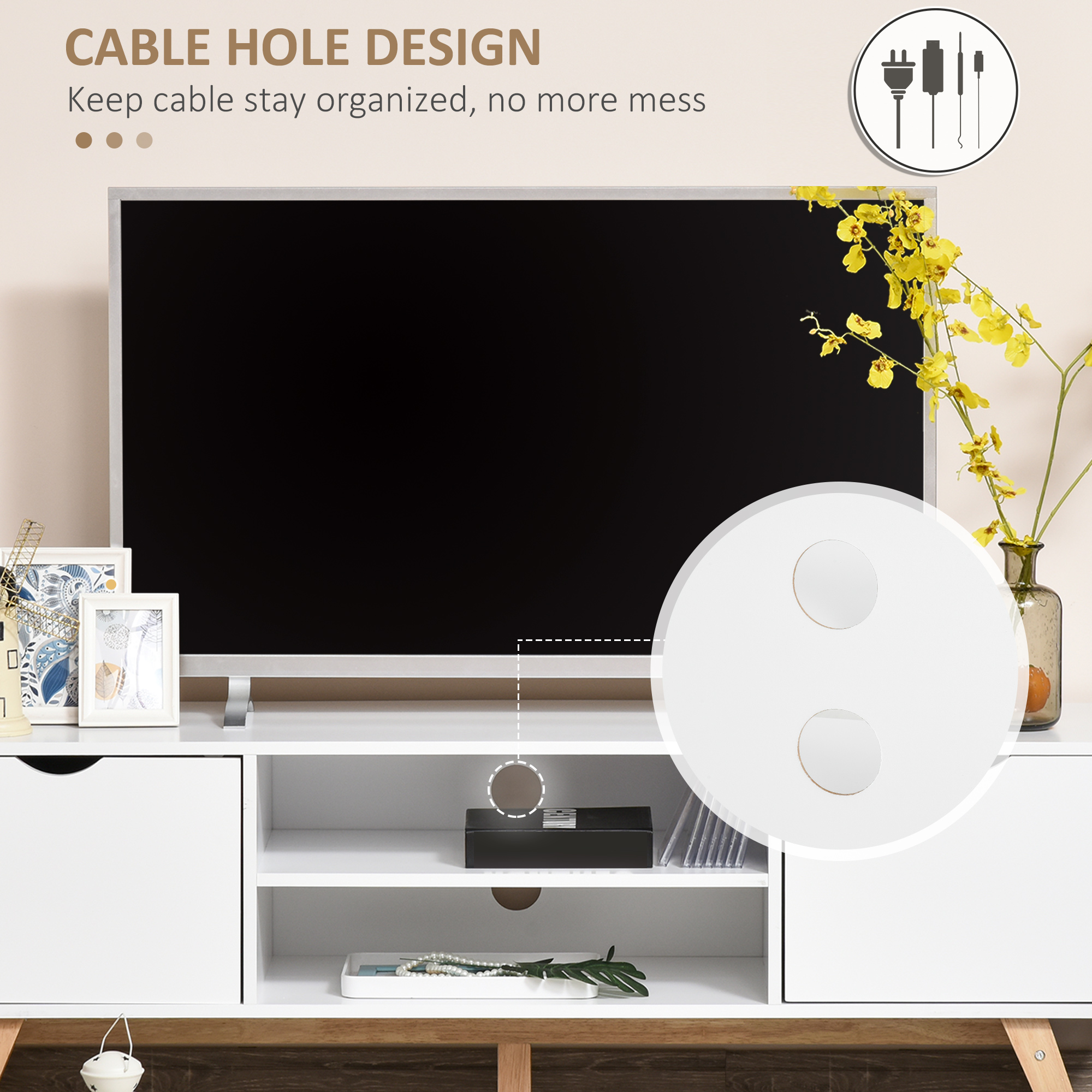 HOMCOM TV Stand Cabinet for TVs up to 65", Media Unit w/Wood Legs Storage Shelves Entertainment Center Modern Living Room Home Furniture White 6