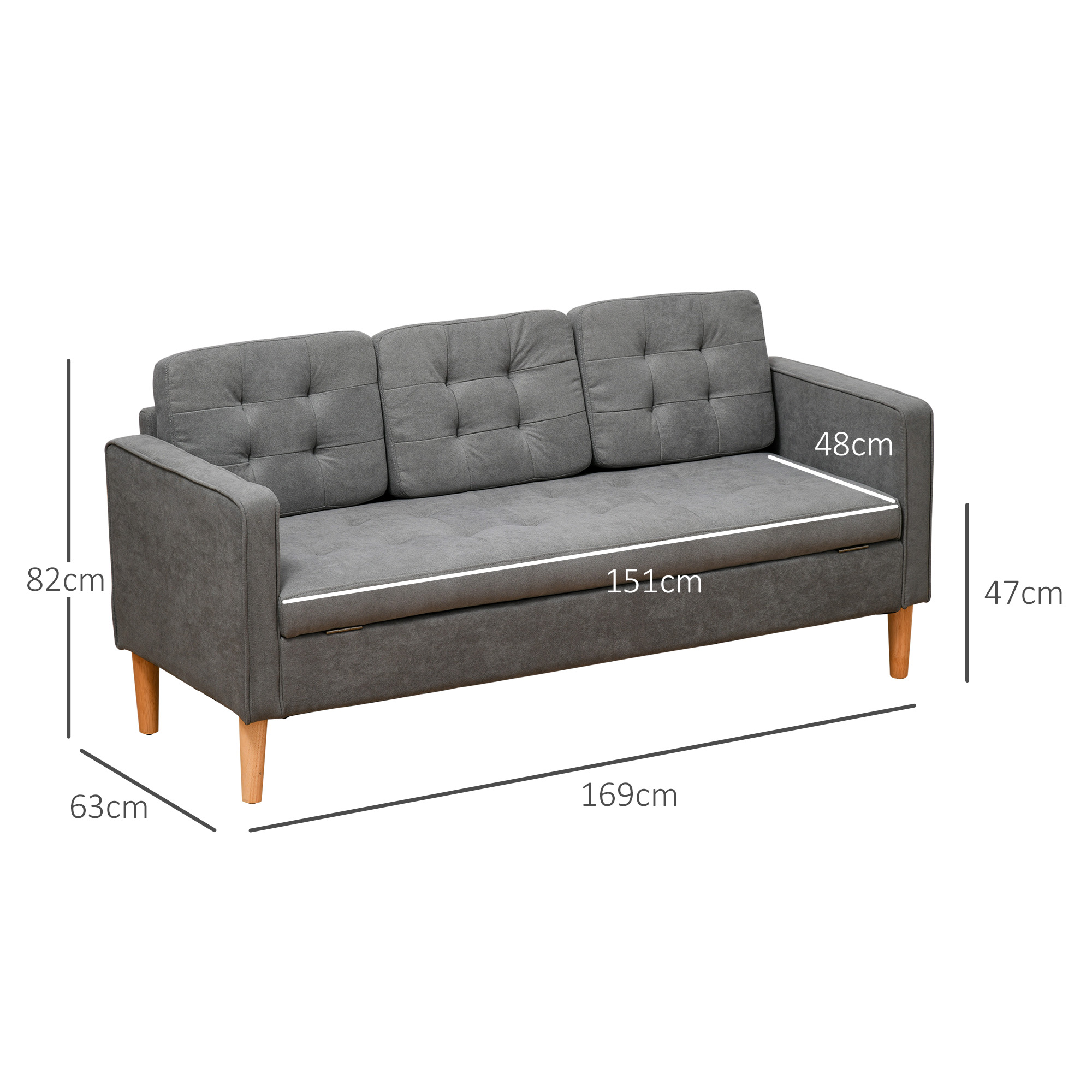 HOMCOM Modern 3 Seater Sofa with Hidden Storage, 169cm Tufted Cotton Couch with Wood Legs, Compact Sofa for Living Room, Grey 3