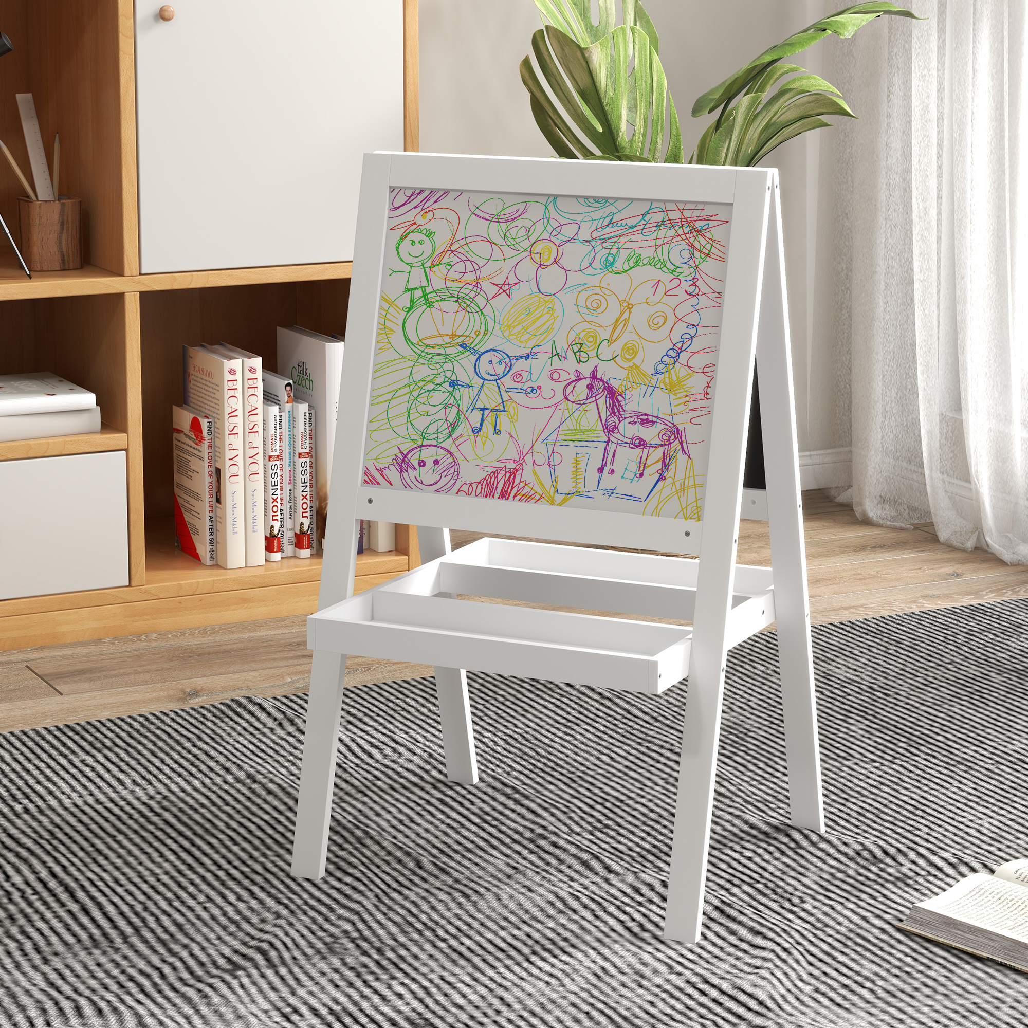 Tableau Double Face Avec Plateaux Tableau Chevalet Enfant 2 En 1 AIYAPLAY - Ardoise Magnétique Et Tableau Noir Tableau Double Face Plateaux Rangement