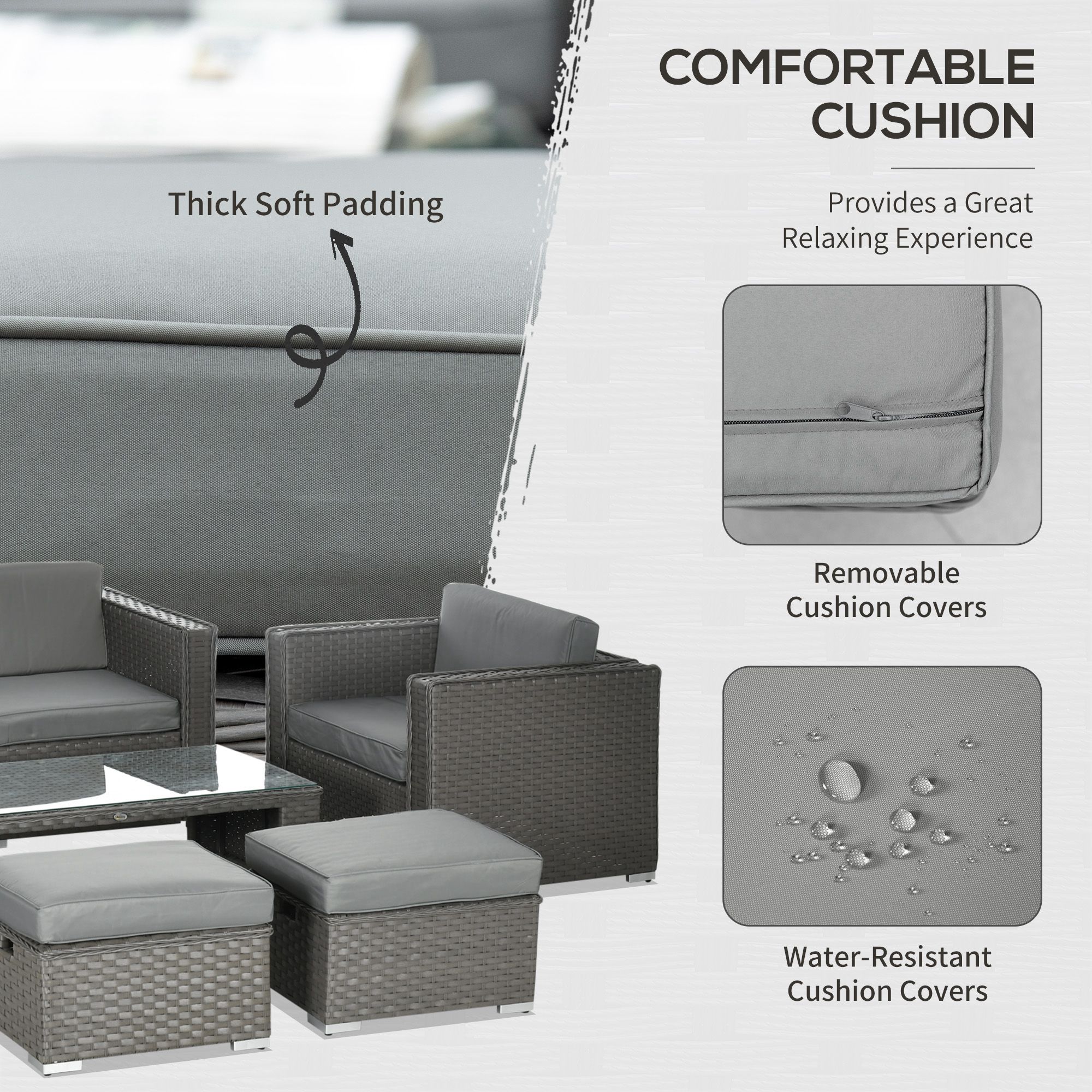 Outsunny 6PC Garden Rattan Sofa Set Bonzer Outdoor Furniture Patio Table Loveseat Stool Lounging Ottoman Aluminium Frame Wicker Weave Conservatory Grey 5