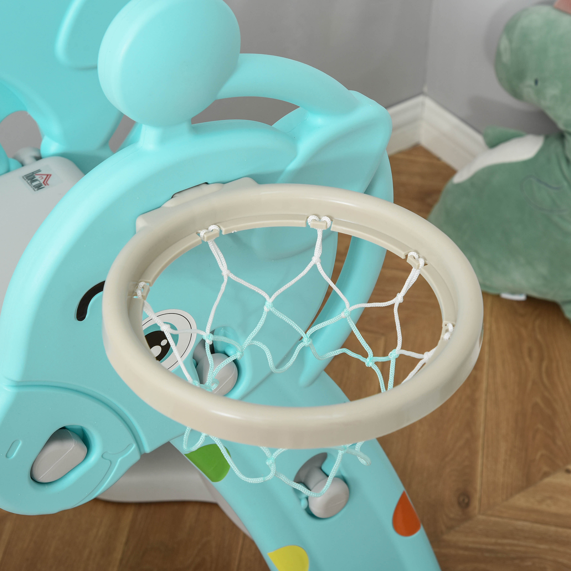 Homcom - Tobogán para Niños 18 M Plegable con Canasta de Baloncto Modelo Jirafa Juguete Infantil para Interior y Exterior 147x82x85,5 cm Azul y Gris | Privalia
