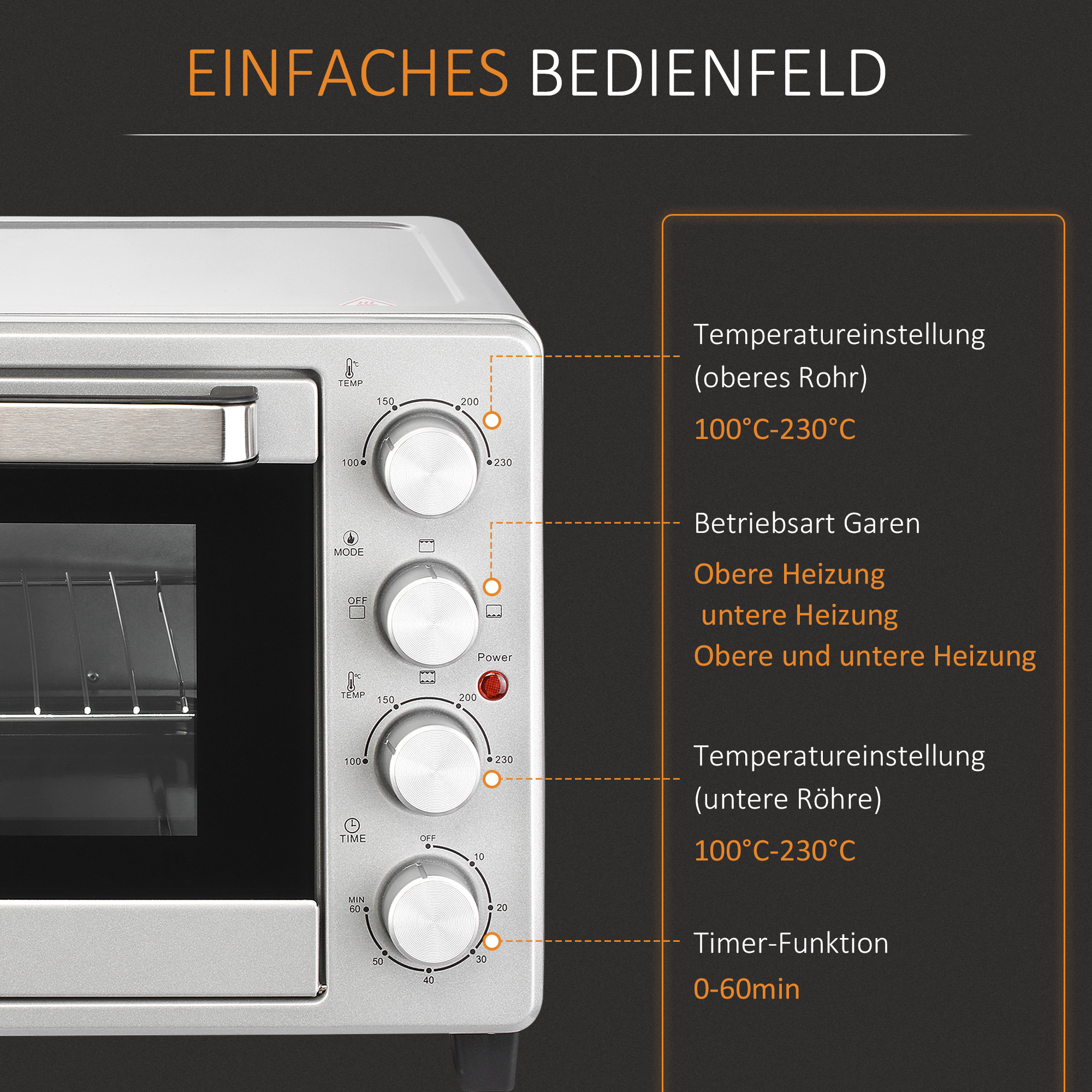 Miniahi 32L 100°C-230°C 1600W Miniahi küpsetusplaadi, purukandiku, grillresti ja 3 küpsetusrežiimiga Pizzaahi taimeriga Küpsetusplaadi käepide Roostevaba teras Hõbedane