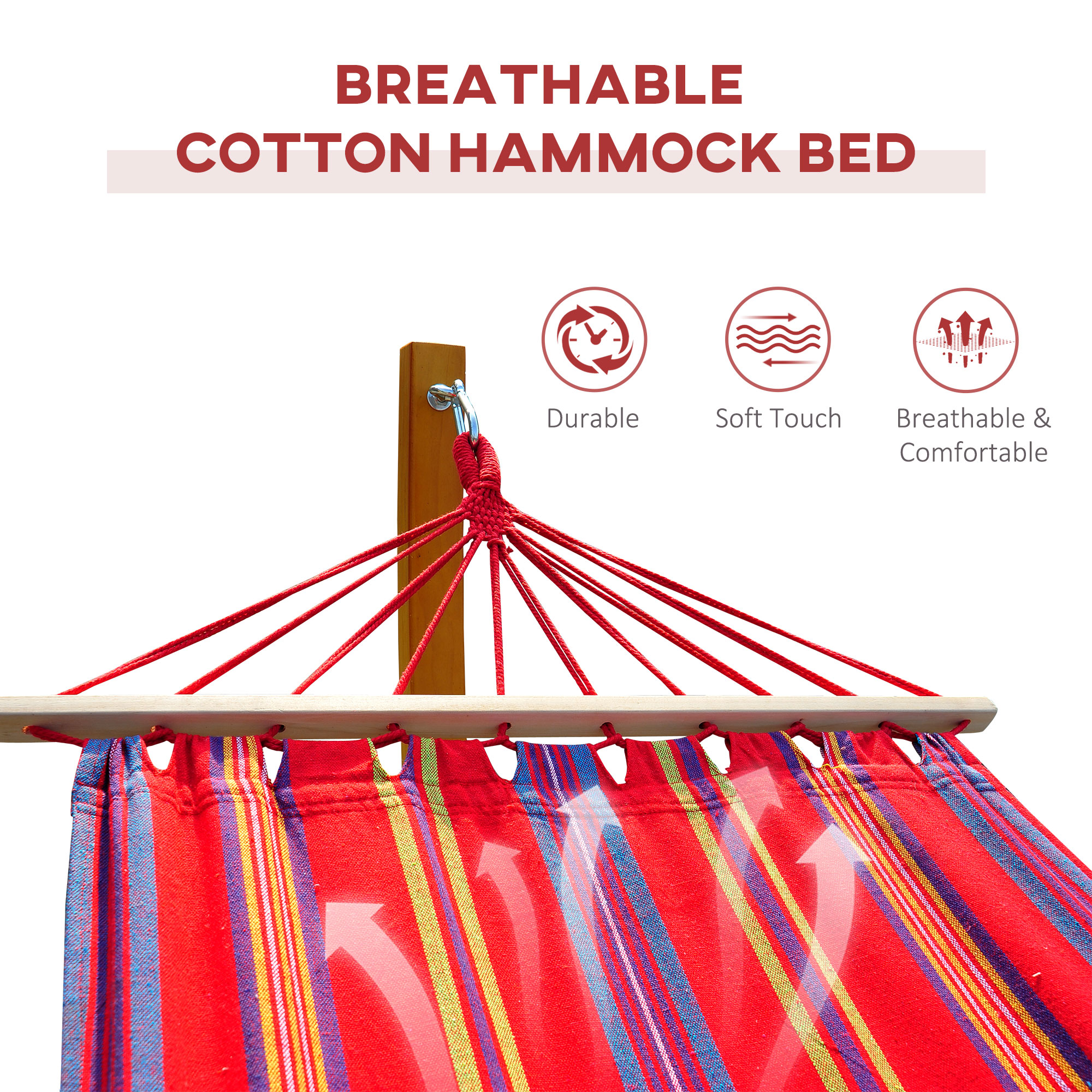 Outsunny Outdoor Hammock with Stand, Free Standing Hammock with Arc Wooden Frame and 200 x 100cm Fabric, Garden Swing Hanging Bed with Safe Ropes, Multicolour 4