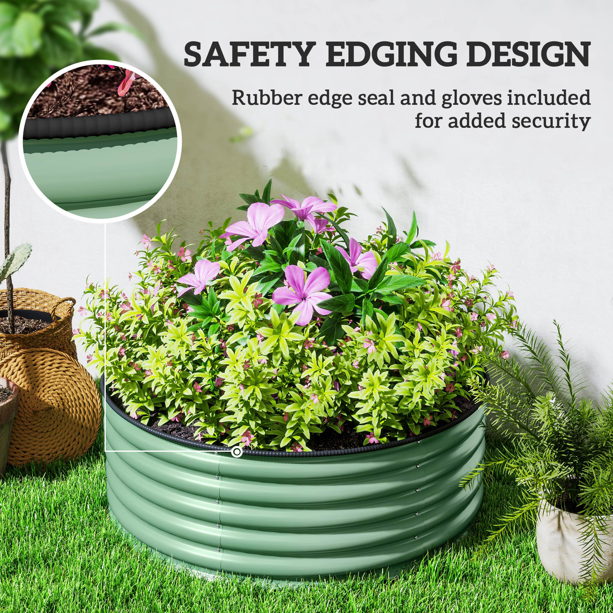 Outsunny Galvanised Raised Garden Bed with Safety Edging, Outdoor Raised Planter Box with Gloves, 120 x 120 x 43cm, Light Green 6