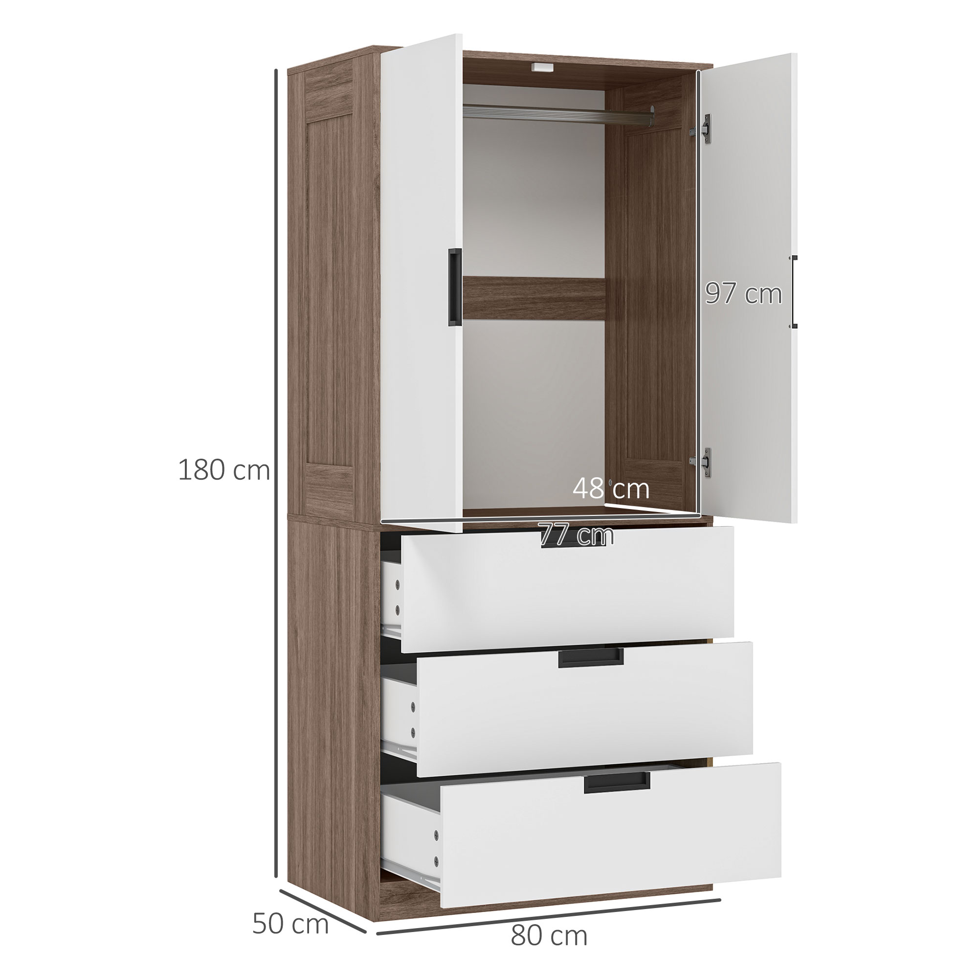HOMCOM Two Door Wardrobe with drawers for Bedroom Use Family Use, White Brown 3
