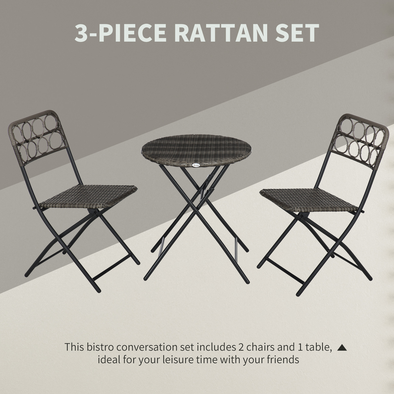 Outsunny 3 Pieces Rattan Bistro Set, Wicker Folding Garden Furniture Set with Coffee Table and Chairs for Outdoor, Patio, Balcony, Grey 5
