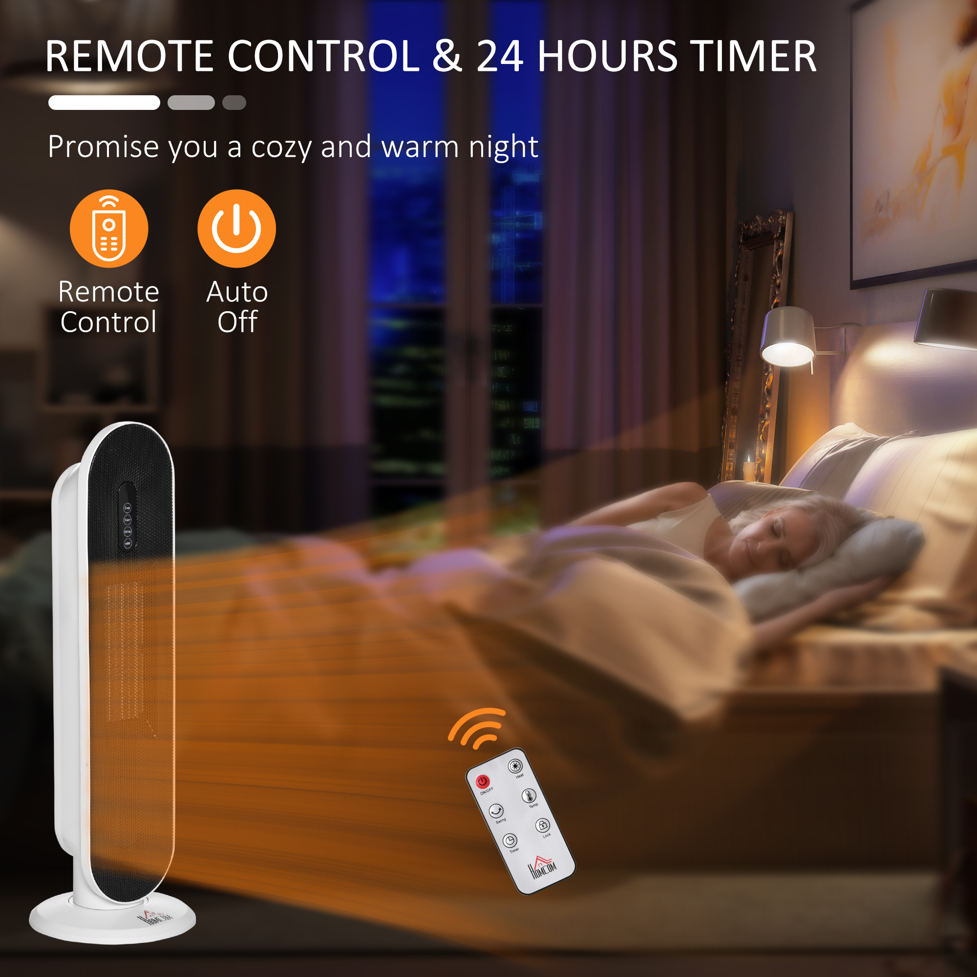 HOMCOM Ceramic Space Heater, Indoor Tower Heater with 2 Heat, Oscillation, Remote Control, Timer, Tip-Over & Overheating Protection, 1200W/2000W, White 8