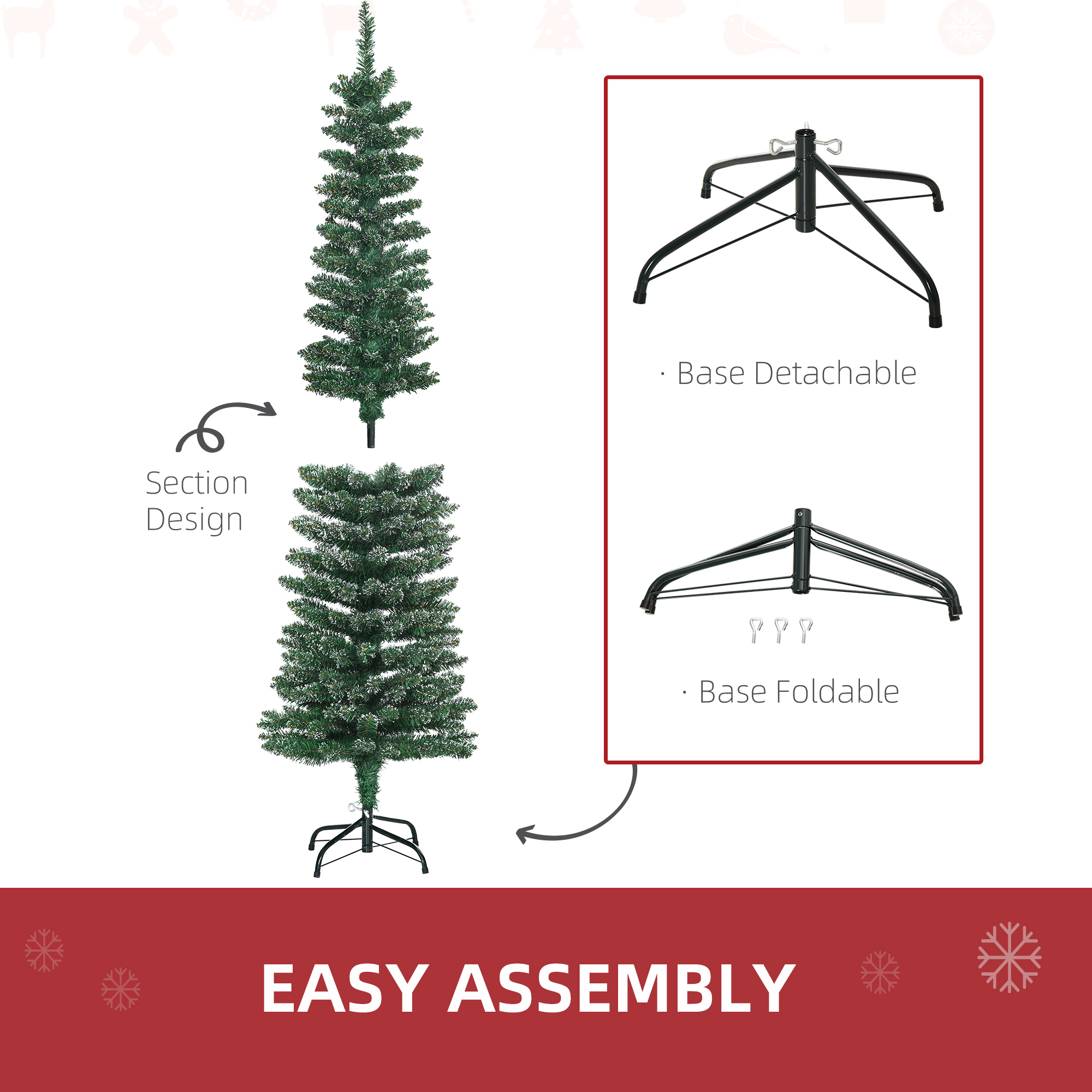 HOMCOM 5.5FT Artificial Snow Dipped Christmas Tree Xmas Pencil Tree Holiday Home Indoor Decoration with Foldable Black Stand, Green 6