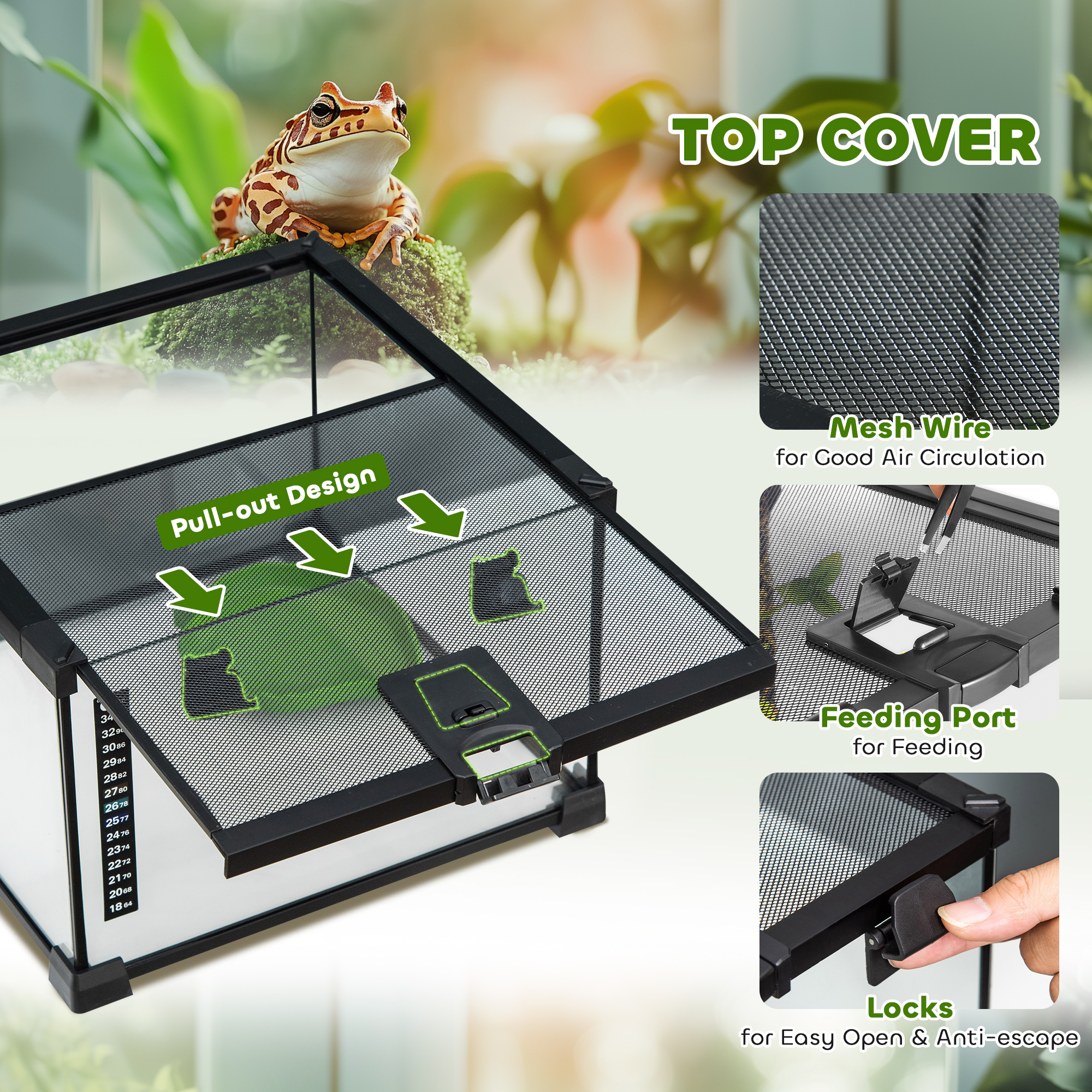 PawHut Glass Reptile Terrarium Insect Breeding Tank Vivarium Habitats with Thermometer for Lizards, Horned Frogs, Snakes, Spiders Small 30 x 30 x 20cm 5