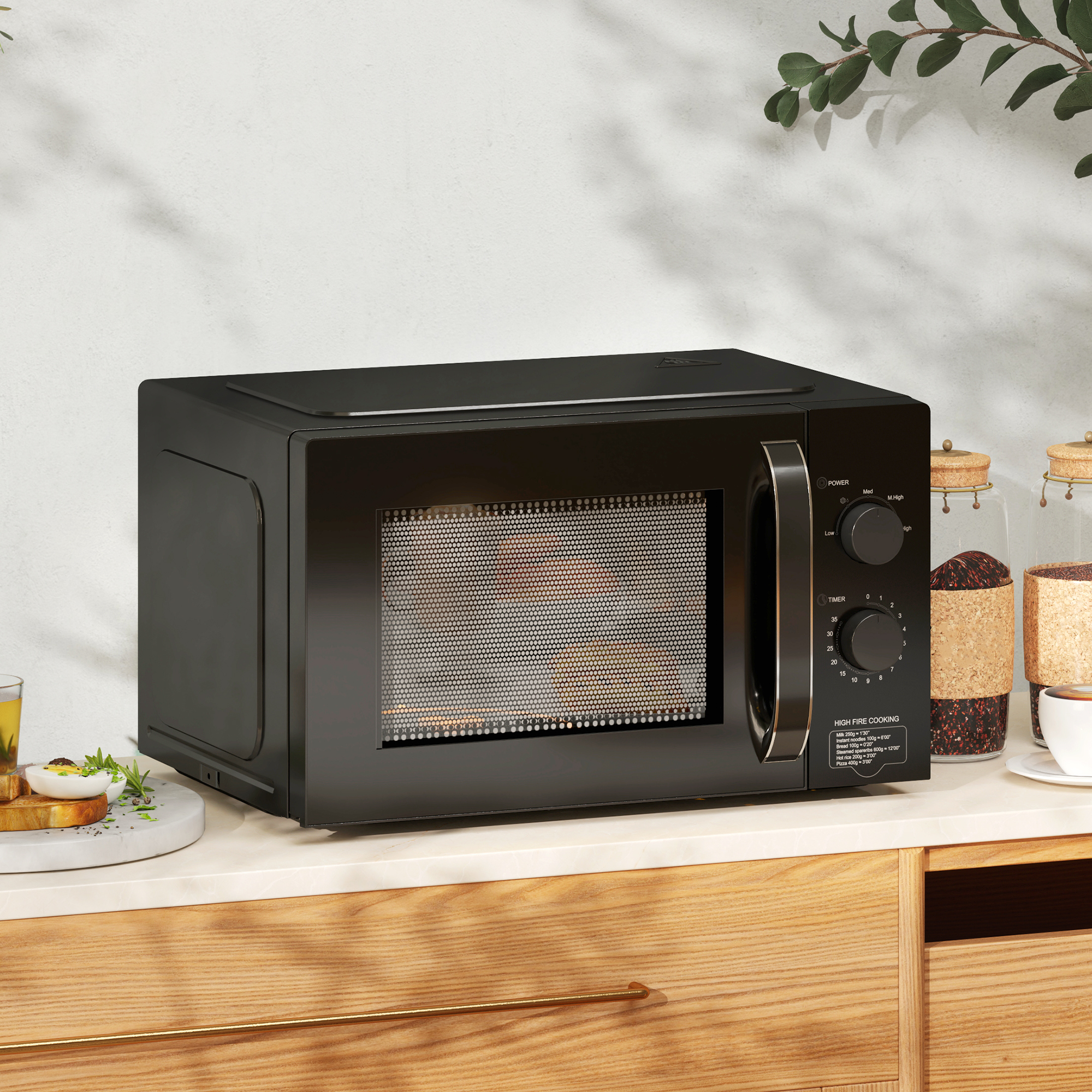 HOMCOM 23L 800W Microwave Oven, Solo Manual Microwave with 5 Power Levels, Defrost, 35 Minutes Timer, Clock, Easy Clean, Small Black Microwave 2