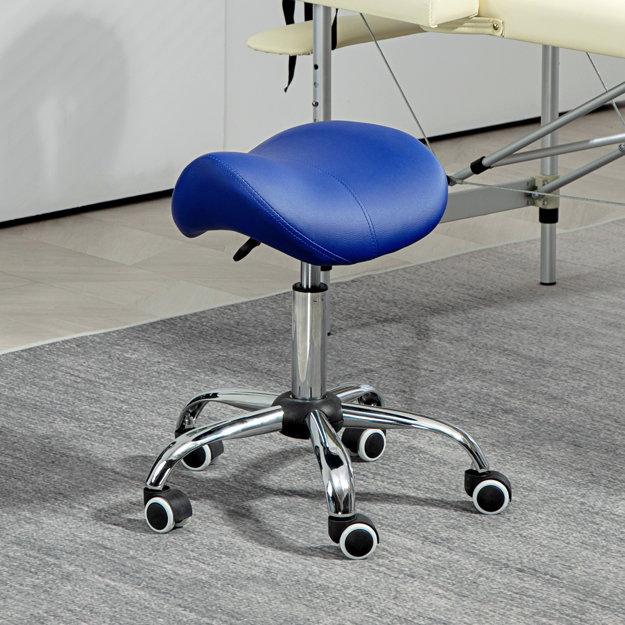 HOMCOM Saddle Stool, Height Adjustable Salon Chair for Massage Spa, Faux Leather, Dark Blue 9