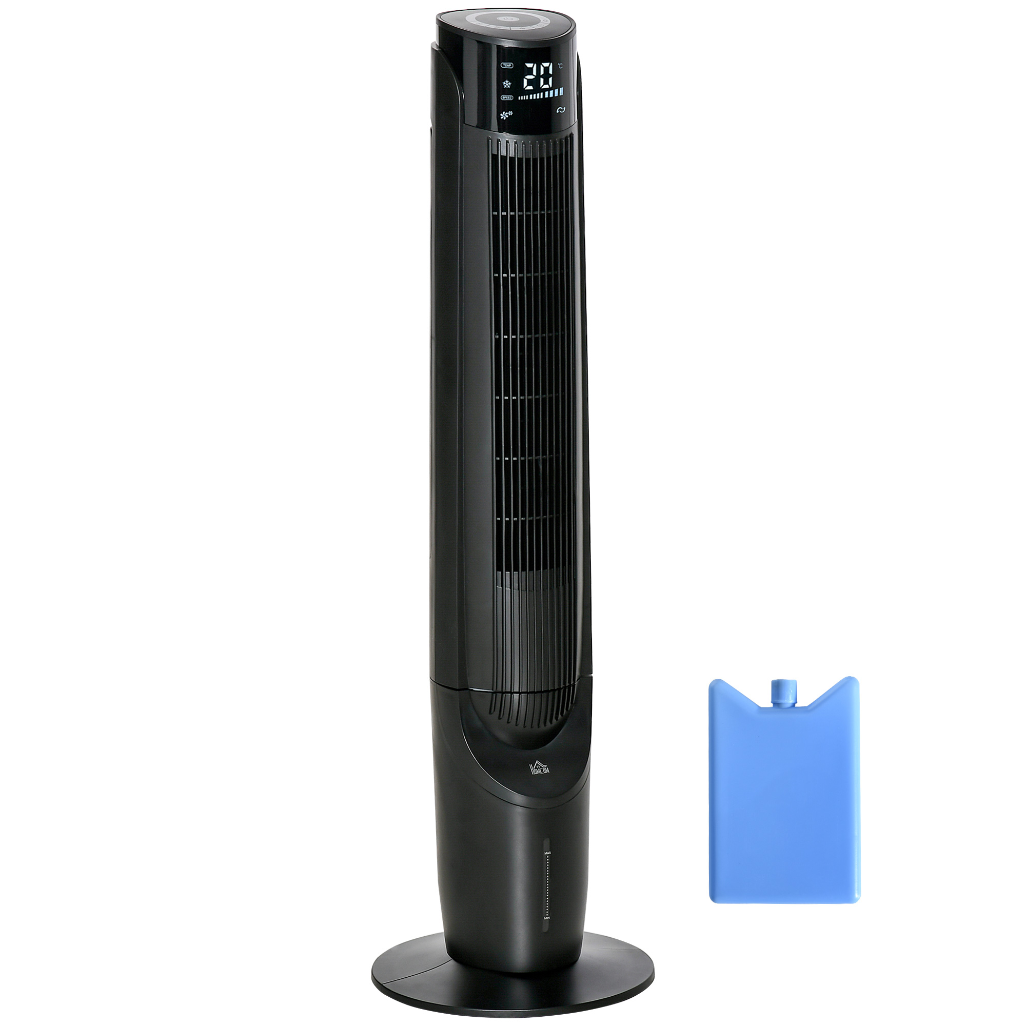 HOMCOM Climatizador Evaporativo 60W Silencioso con Mando 3 Velocidades Oscilación 70° Pantalla LED Táctil 31,5x31,5x107cm Negro | Aosom España