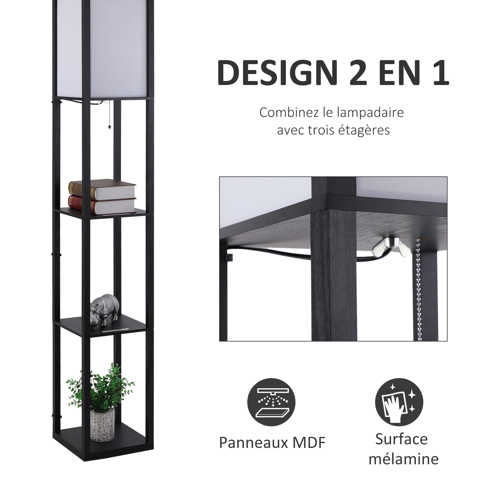 Lampadaire étagère lampe étagère 26l x 26l x 160h cm 3 étagères 4
