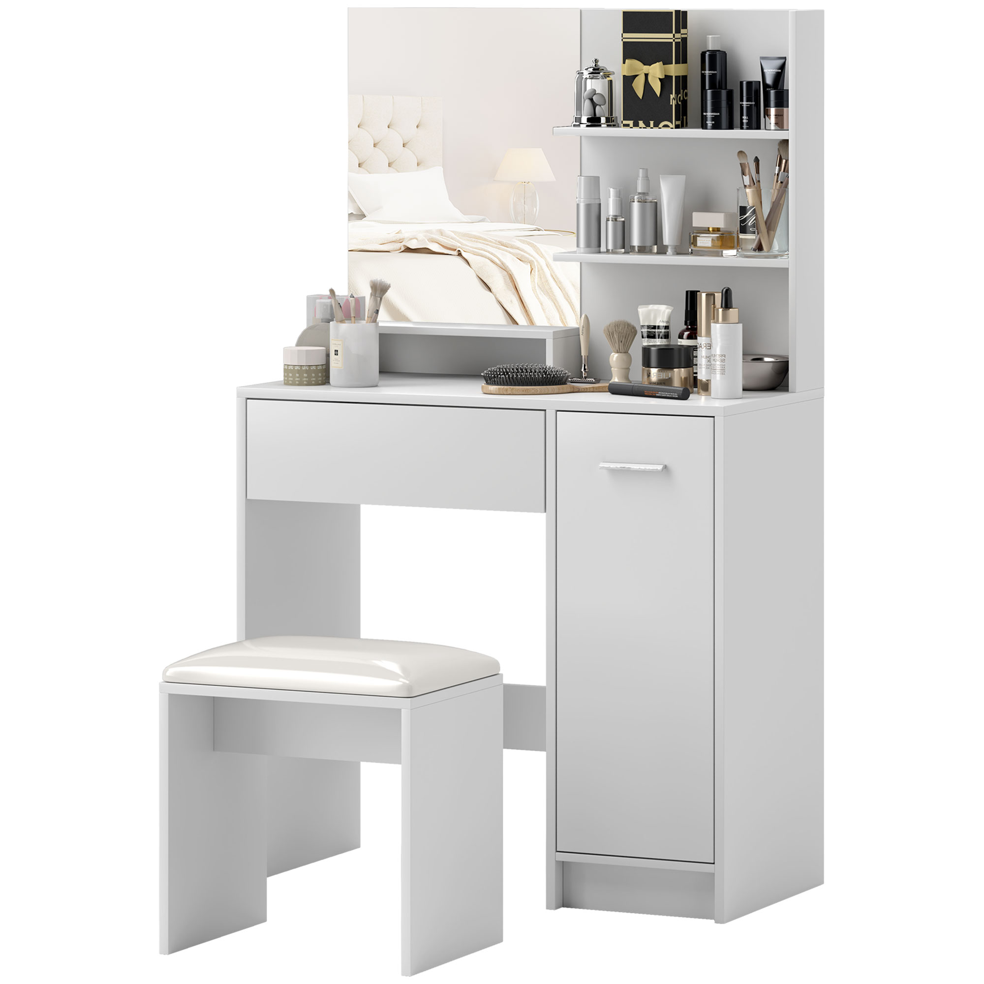 Coiffeuse Enfant HOMCOM Avec Tabouret - Miroir Triptyque Et Tiroir - 63x40x85.5cm - Blanc Acrylique - Pour 3-6 Ans