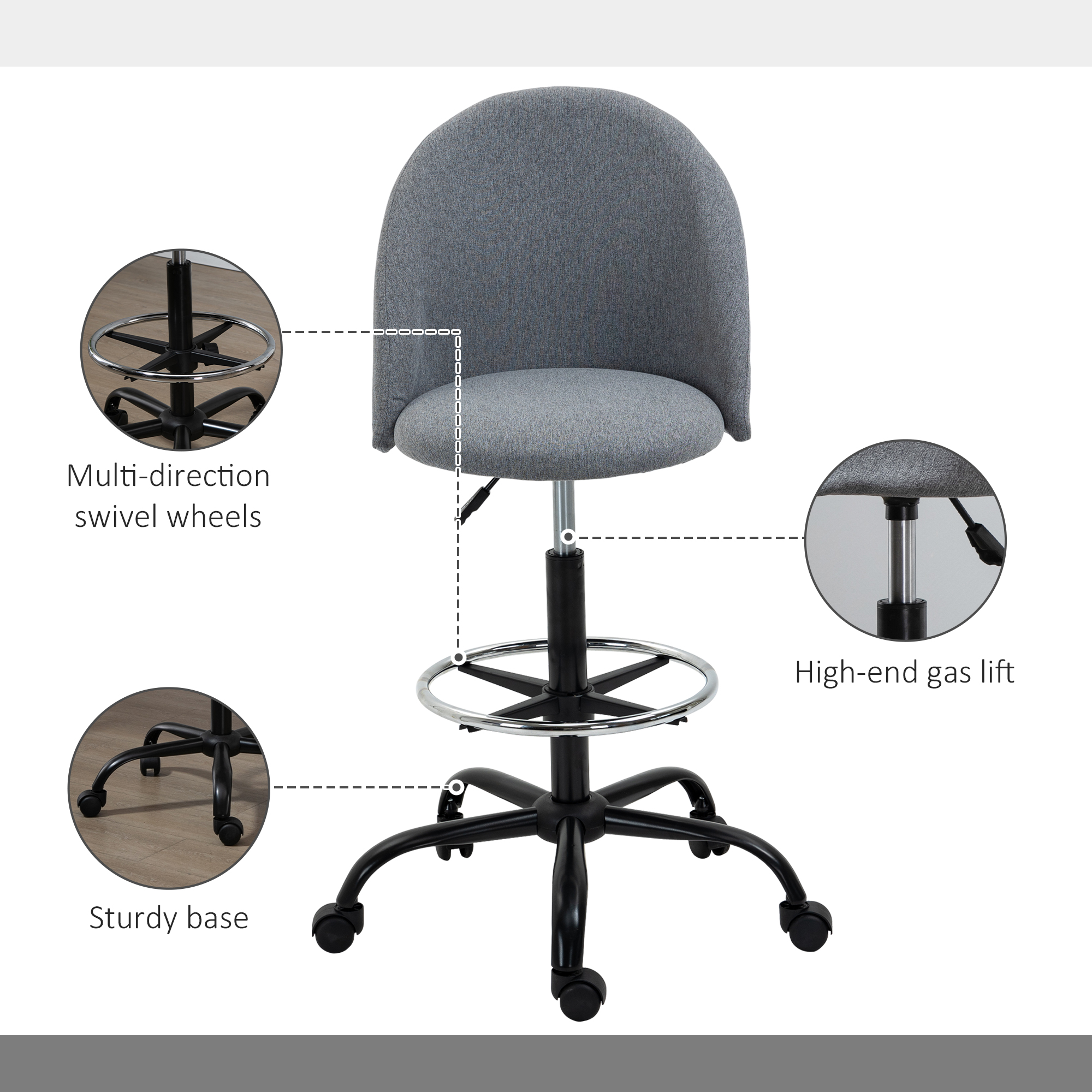 Vinsetto Ergonomic Drafting chair Adjustable Height w/ 5 Wheels Padded Seat Footrest 360° Swivel Freely Comfortable Versatile Use For Home Office Grey 6