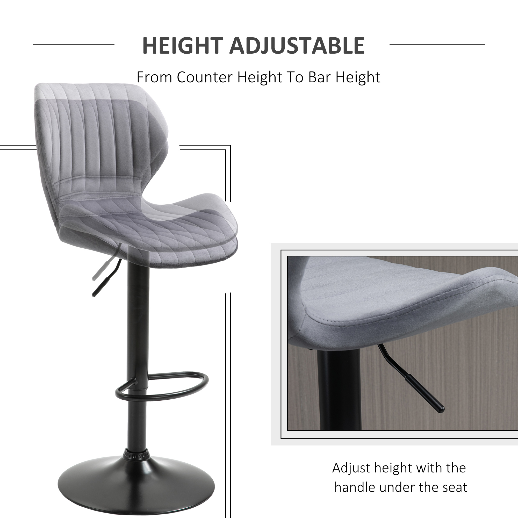 HOMCOM Bar Stool Set of 2 Velvet-Touch Fabric Adjustable Height Swivel Counter Chairs with Footrest, Grey 4