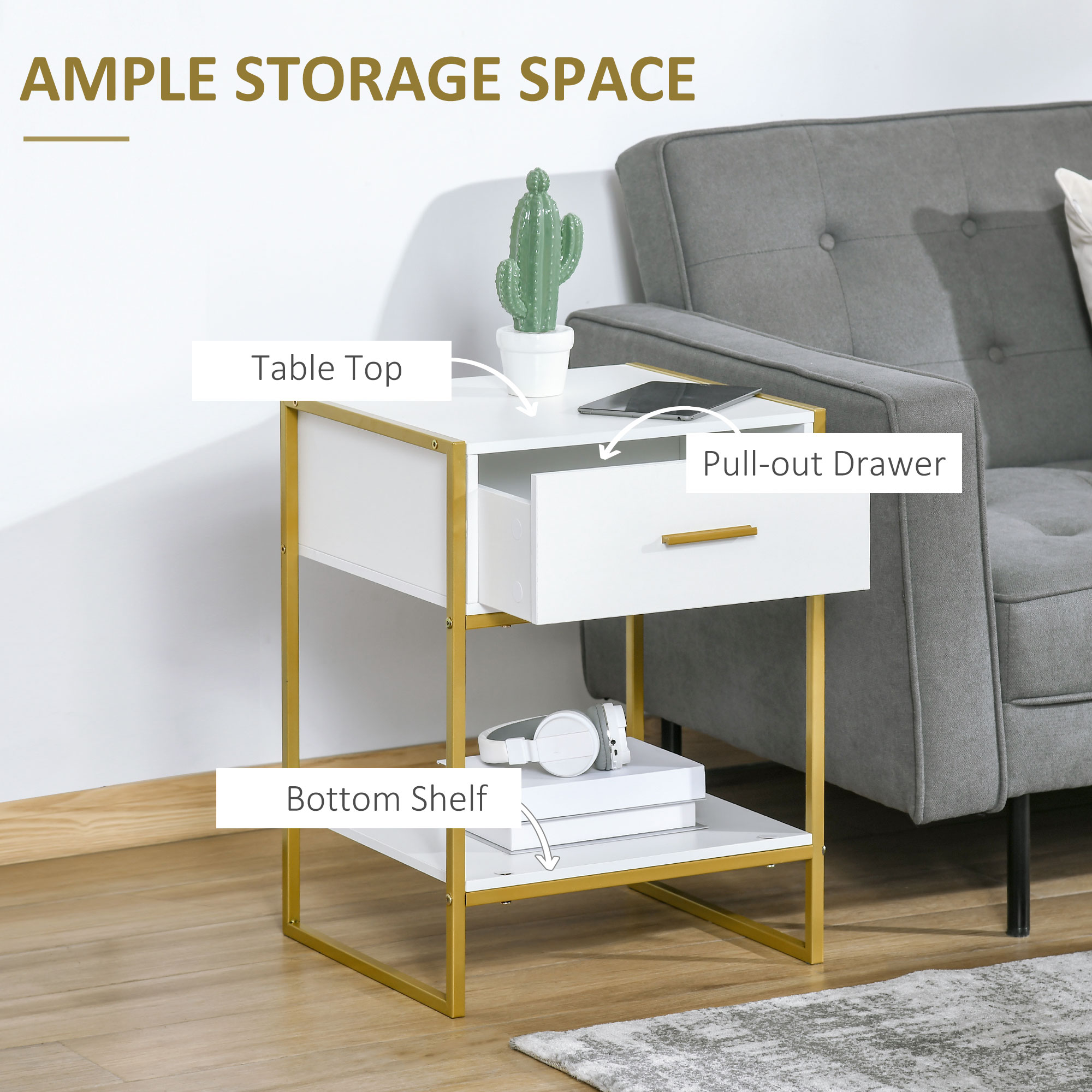 HOMCOM Set of Two Elegant Bedside Tables White/Gold-Tone 5