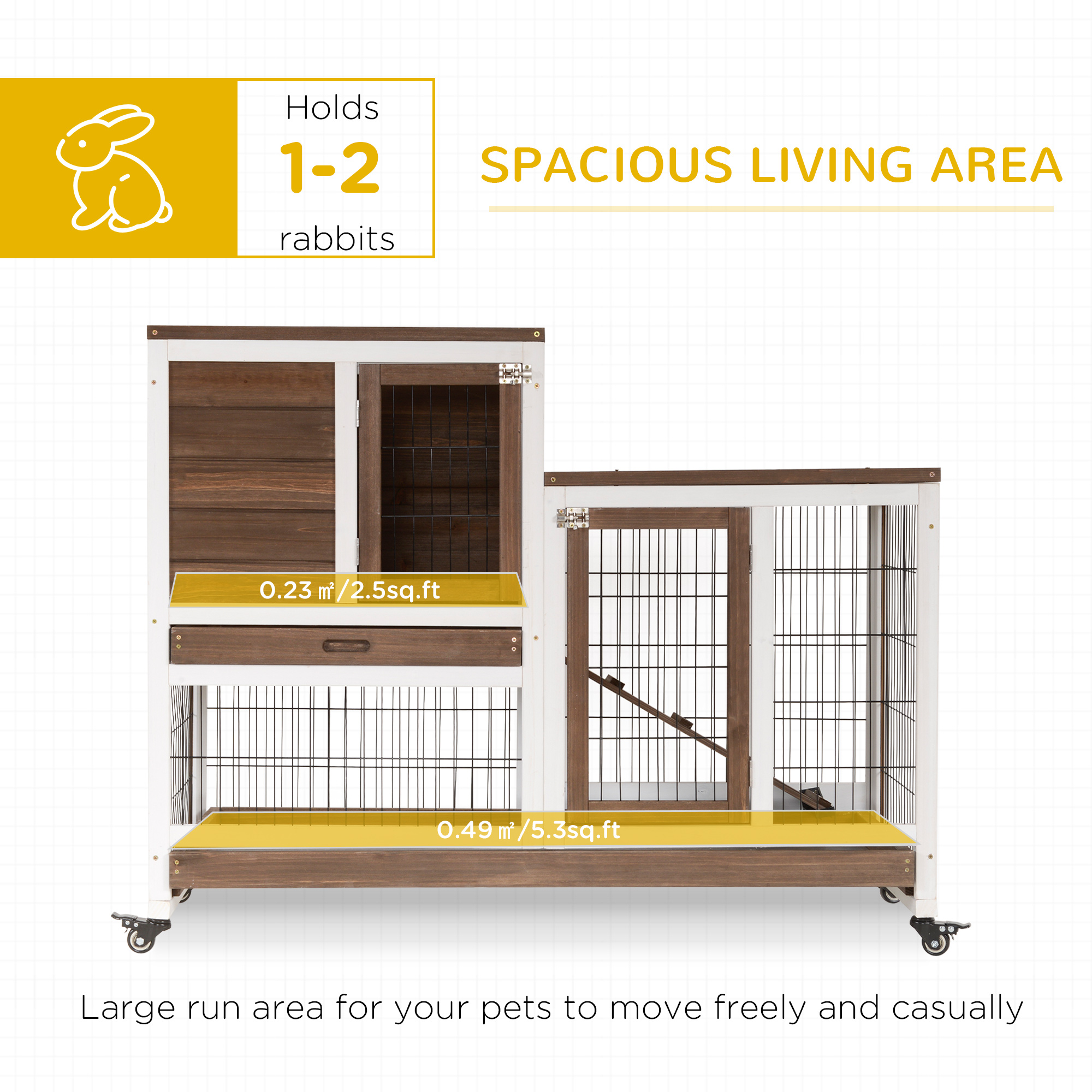 PawHut Two-Tier Rabbit Hutch Pet Cage, with Wheels Brown 4