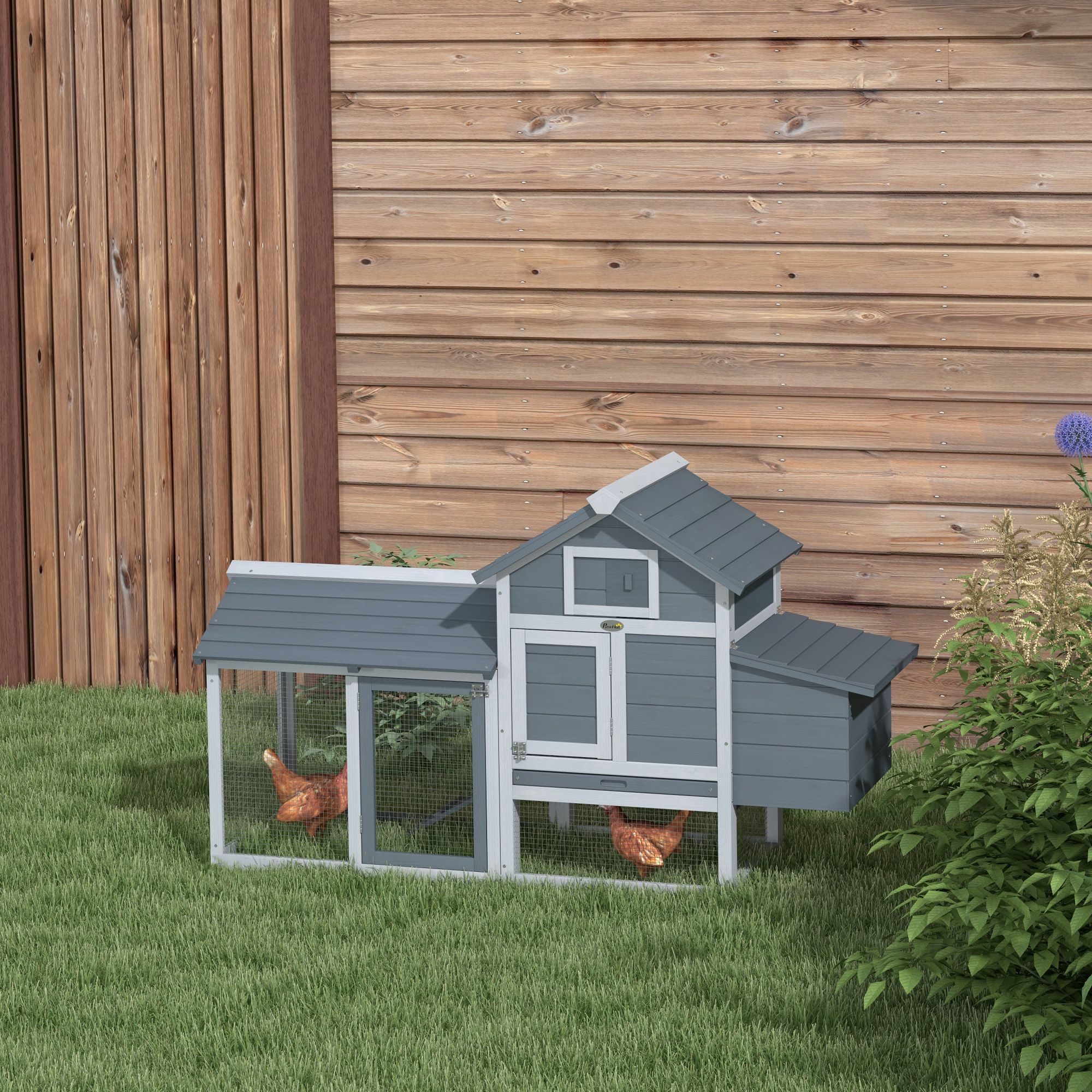 PawHut Small Chicken Coop with Run Hen House Poultry Coops Cages Nesting Box Grey 150.5 x 54 x 87cm 2