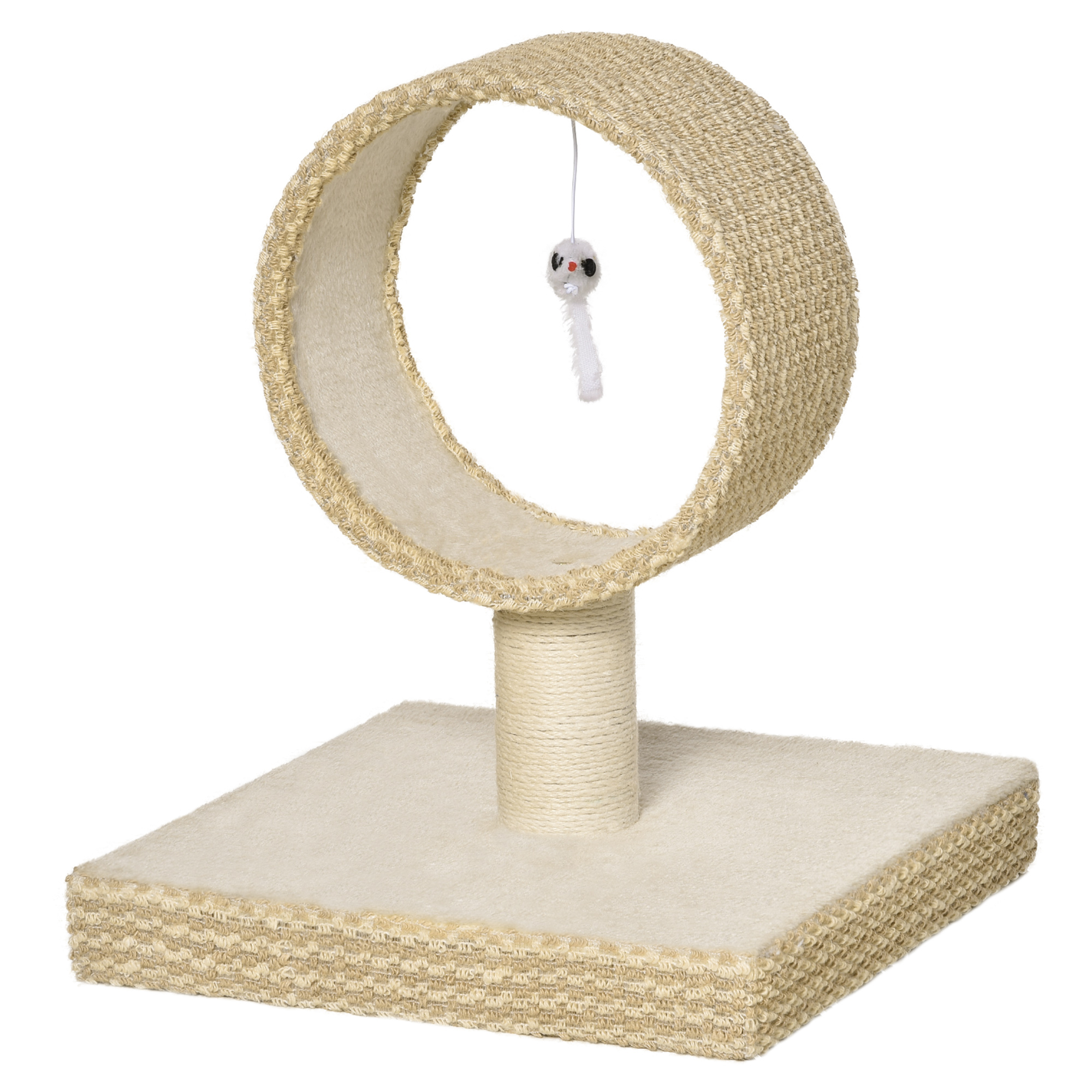 PawHut Árbol para Gatos Pequeño 61x41x50cm Torre de Rascado con Túnel Superior Poste de Yute Natural y Juguete de Rata Colgante Beige | Aosom España