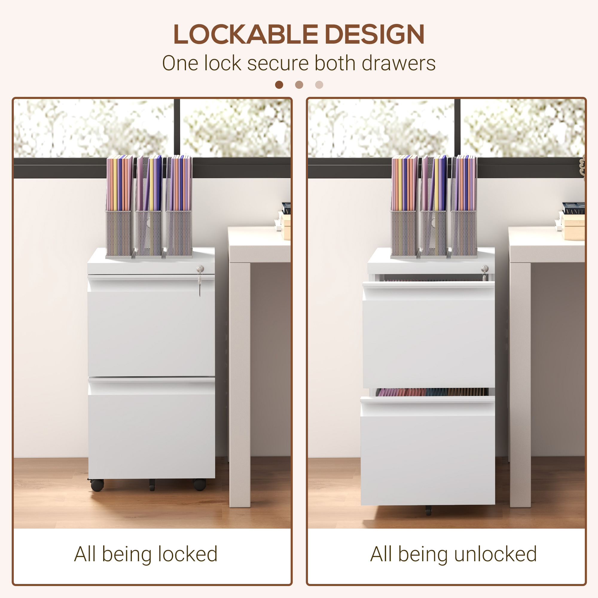 Vinsetto 2-Drawer Mobile Filing Cabinet, Steel Lockable File Cabinet for Letter, A4 and Legal Size, Pre-Assembled Body, White 6