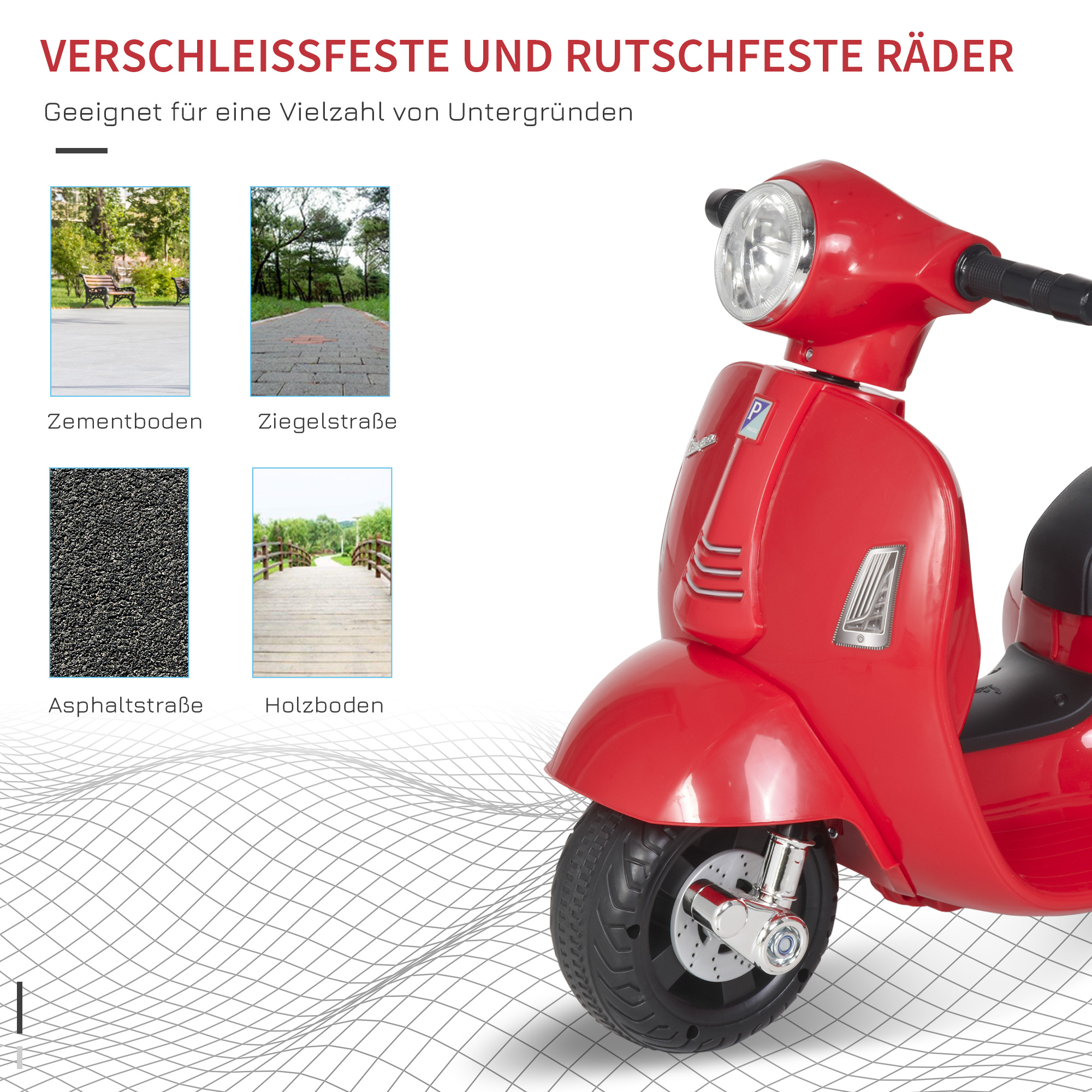 Elektrimootorratas lastele VESPA 6V elektrimootorratas eemaldatavate abiratastega, esitulega, lastemootorratas signaaliga, 3km/h mootorratas lastele vanuses 1,5-3 aastat, punane