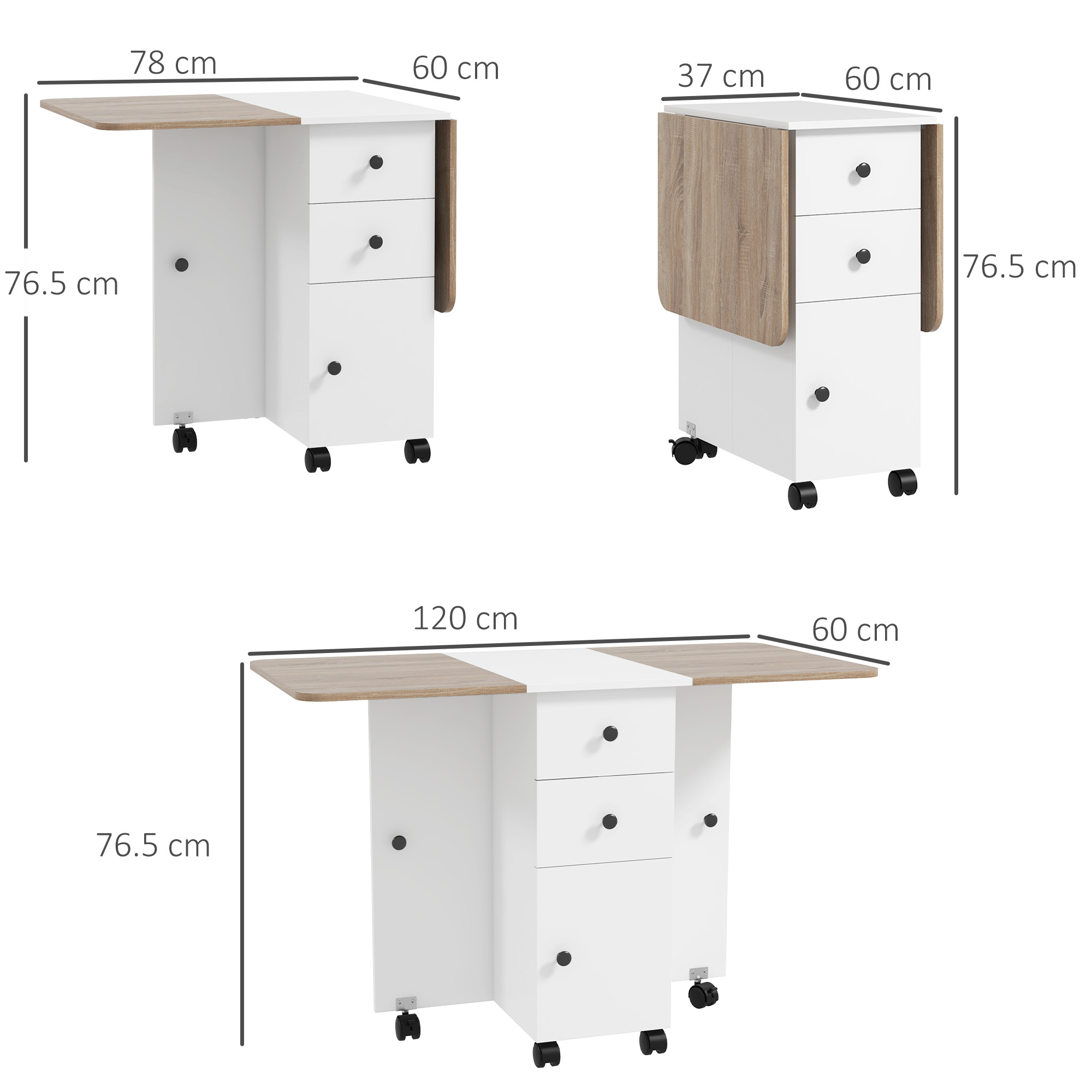 HOMCOM Multi-Storage Six-Person Drop Leaf Dining Table Oak and White 3