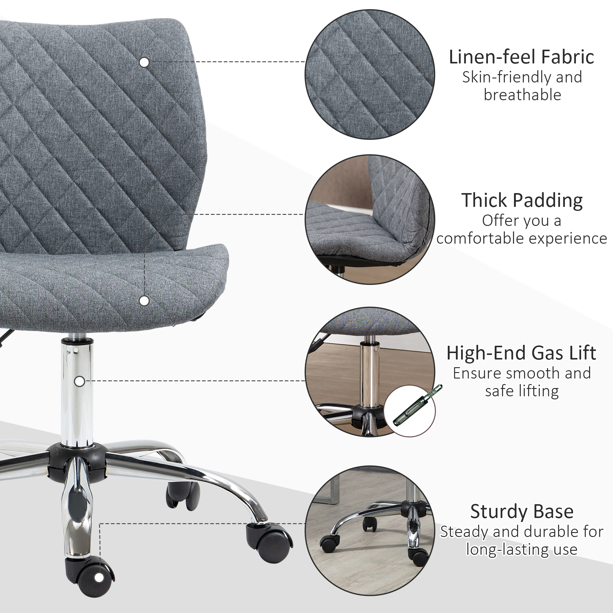 Vinsetto Armless Office Chair Adjustable Computer Chair Swivel Chair with Rolling Wheels and Linen Fabric Back Support for Home Office Students Study Grey 7