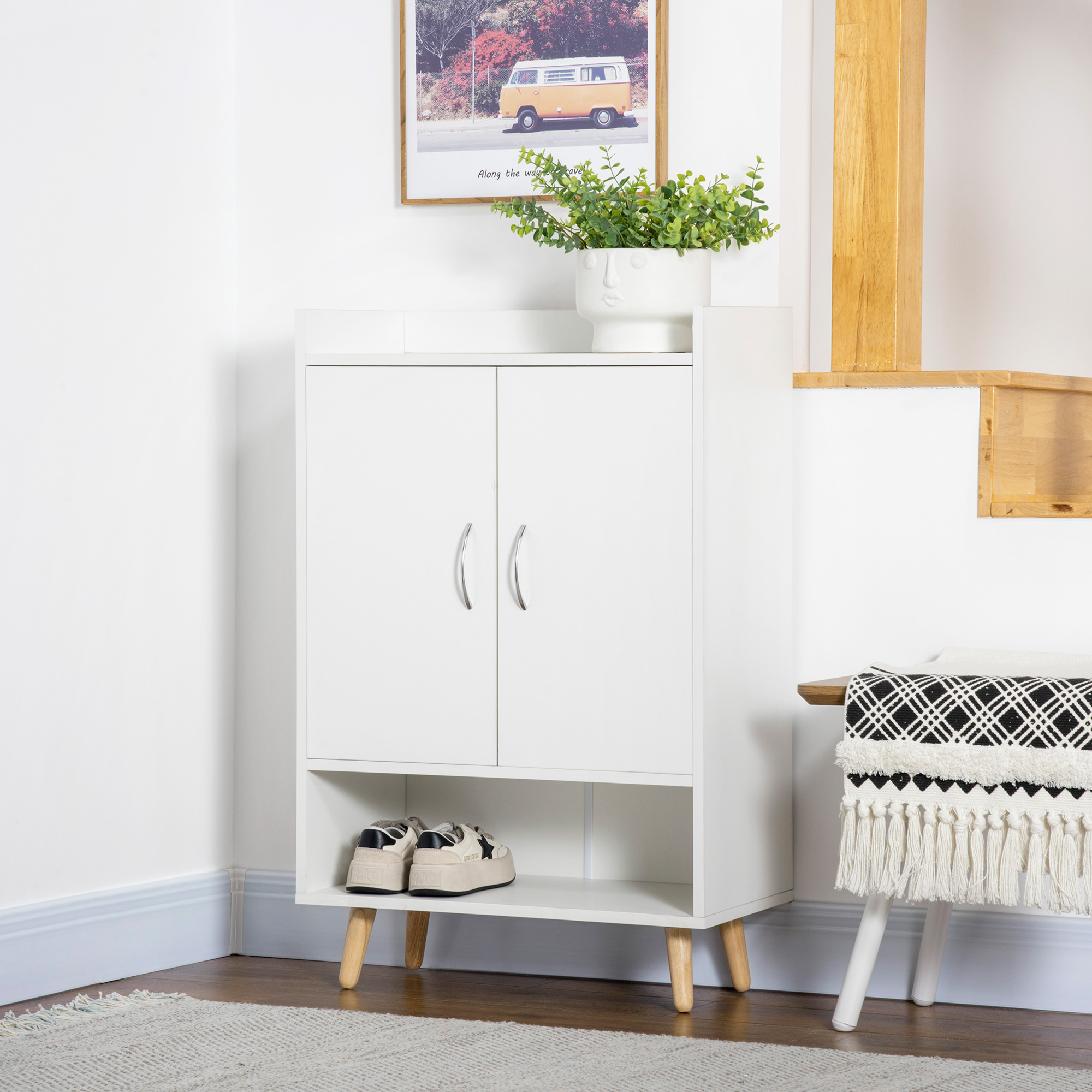 HOMCOM Modern Shoe Cabinet Storage Organizer with Doors and Shelves for Hallway & Entryway, 60L x 30W x 92Hcm, White 2