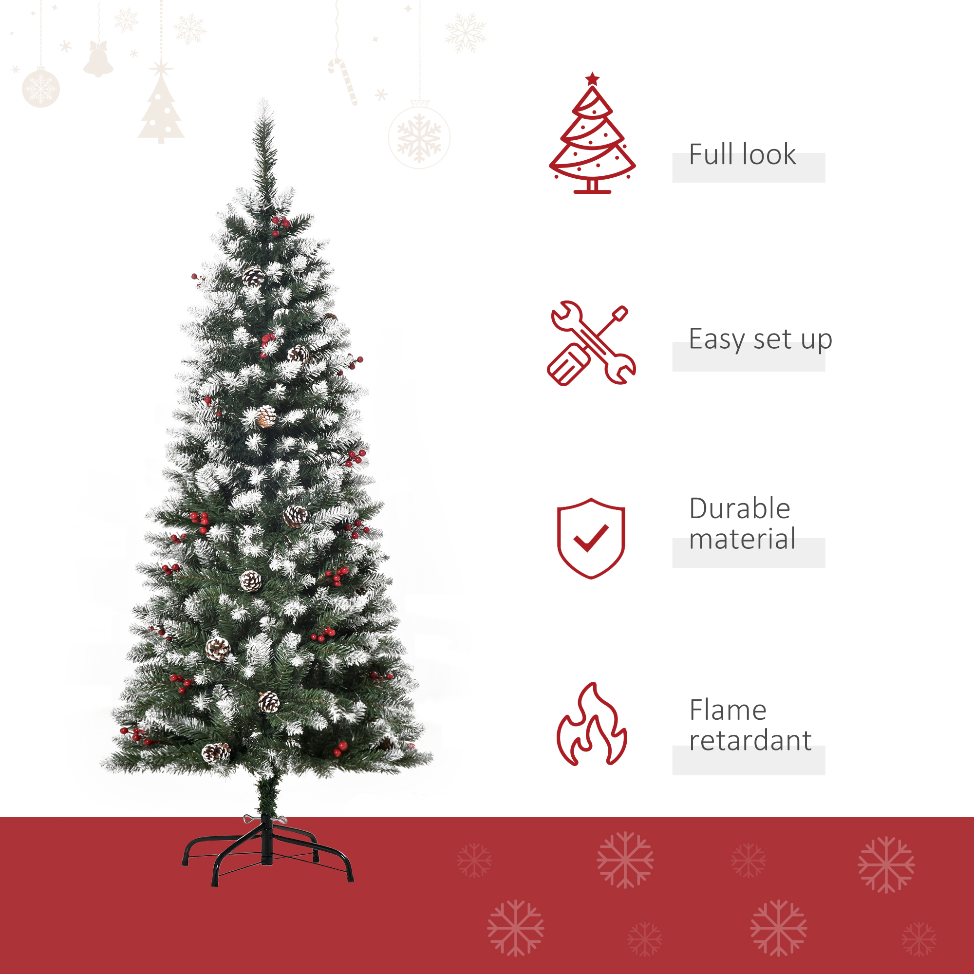 HOMCOM 5FT Artificial Christmas Tree Xmas Pencil Tree with Red Berries and Pinecones Holiday Home Indoor Decoration with Foldable Feet, Green 4