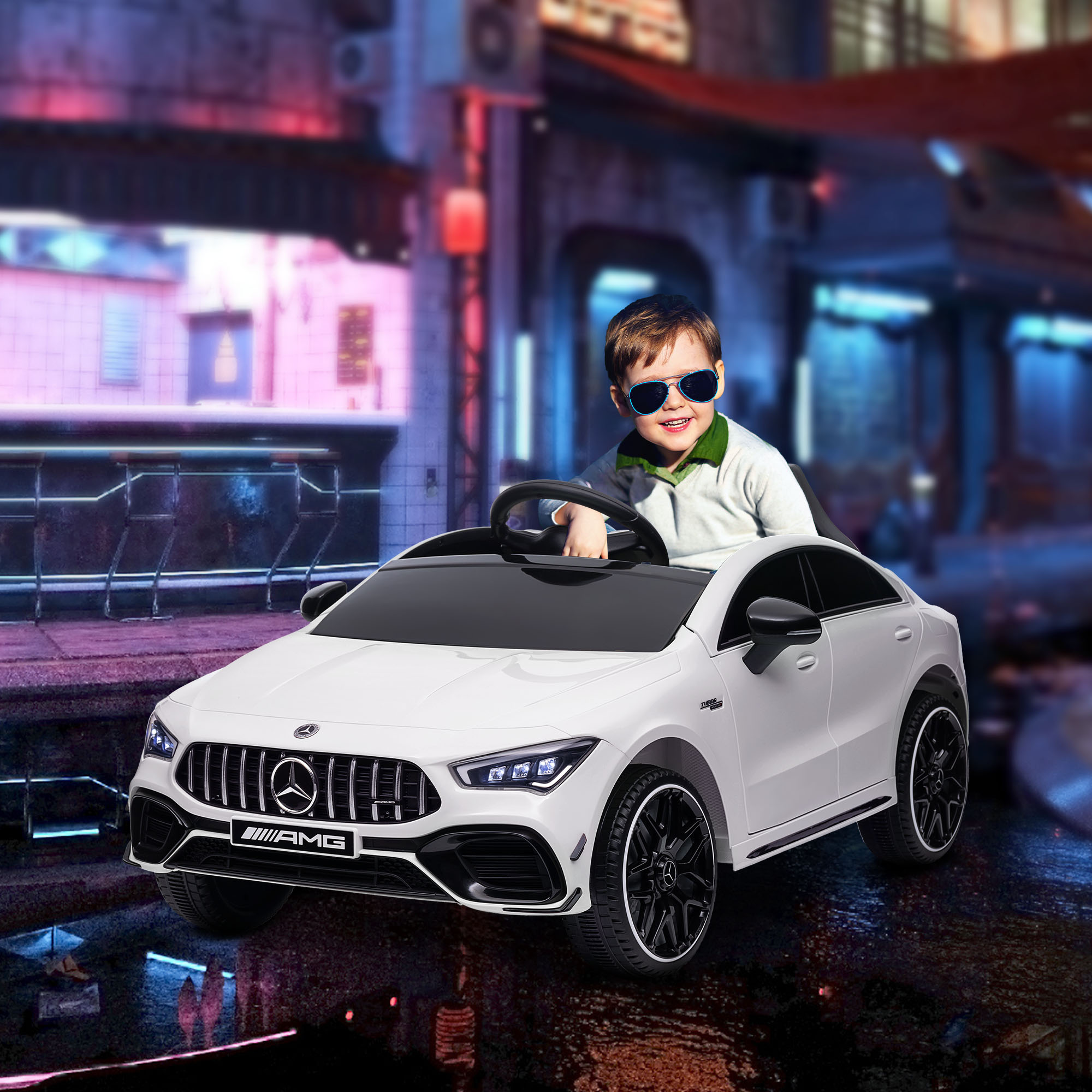 AIYAPLAY Mercedes-Benz AMG CLA 45 Licensed 12V Kids Electric Car Ride on Car w/ Remote, Suspension Lights Music Horn White 2