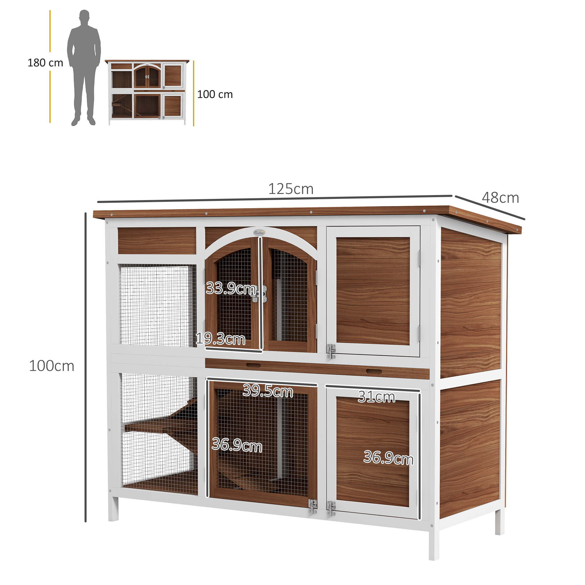 PawHut Two-Tier Wooden Pet Hutch with Openable Roof, Slide-Out Tray 3
