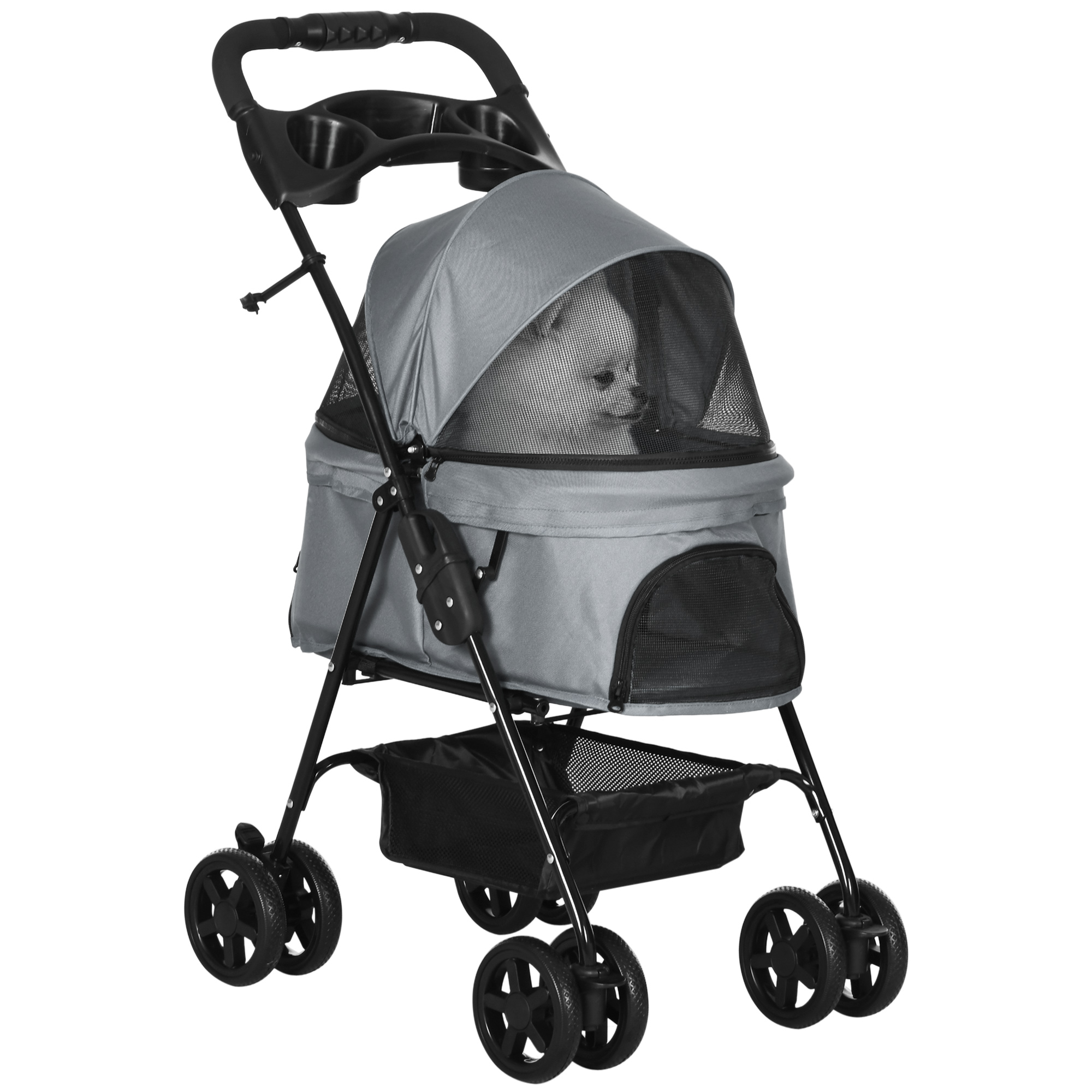 PawHut Dog Pram Dog Stroller Foldable Pet Pushchair with 4 Wheels, Safety Leashes, Cup Holder for Small Dogs, Blue
