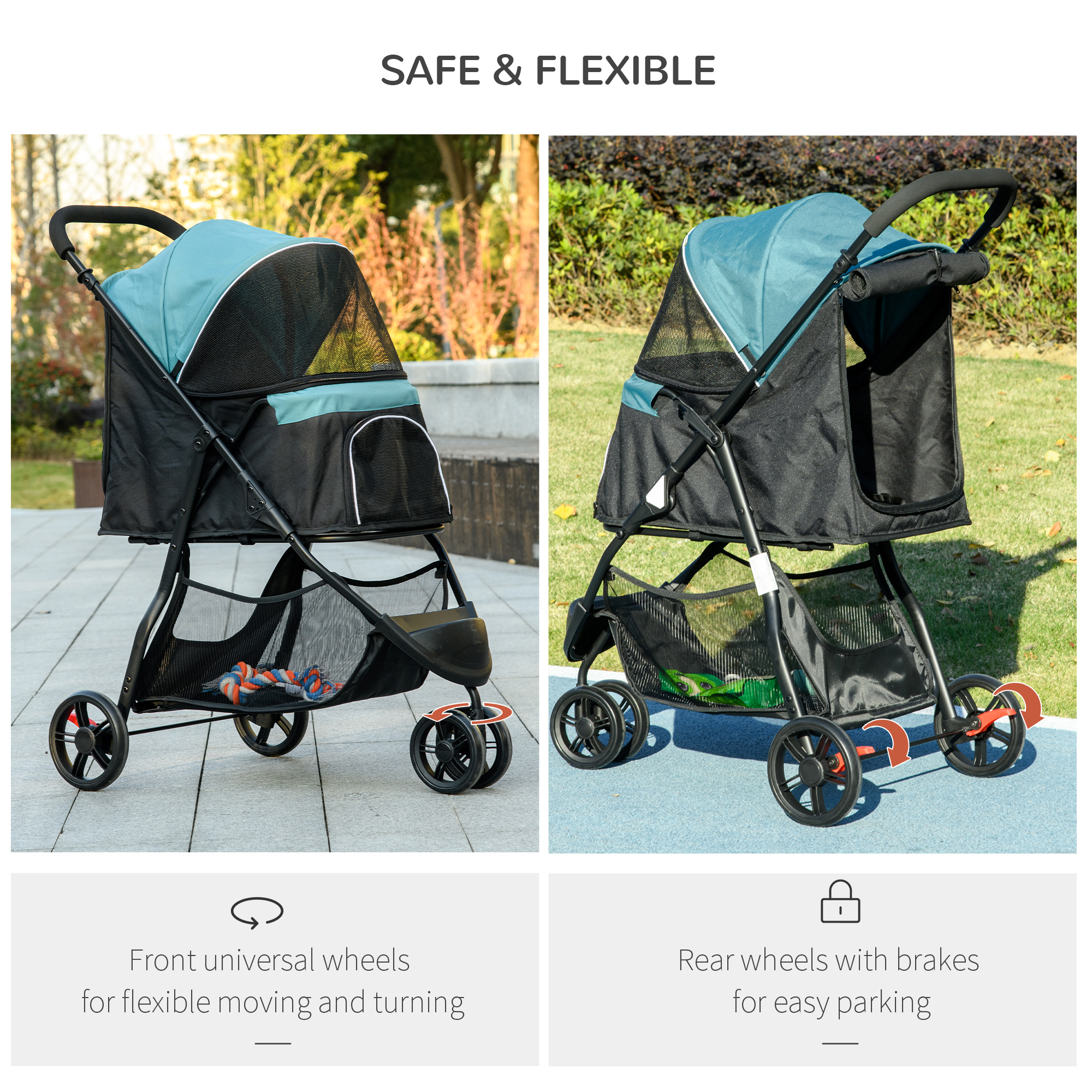 PawHut Foldable Pet Stroller w/ Rain Cover, for XS Dogs, S Dogs Dark Green 6