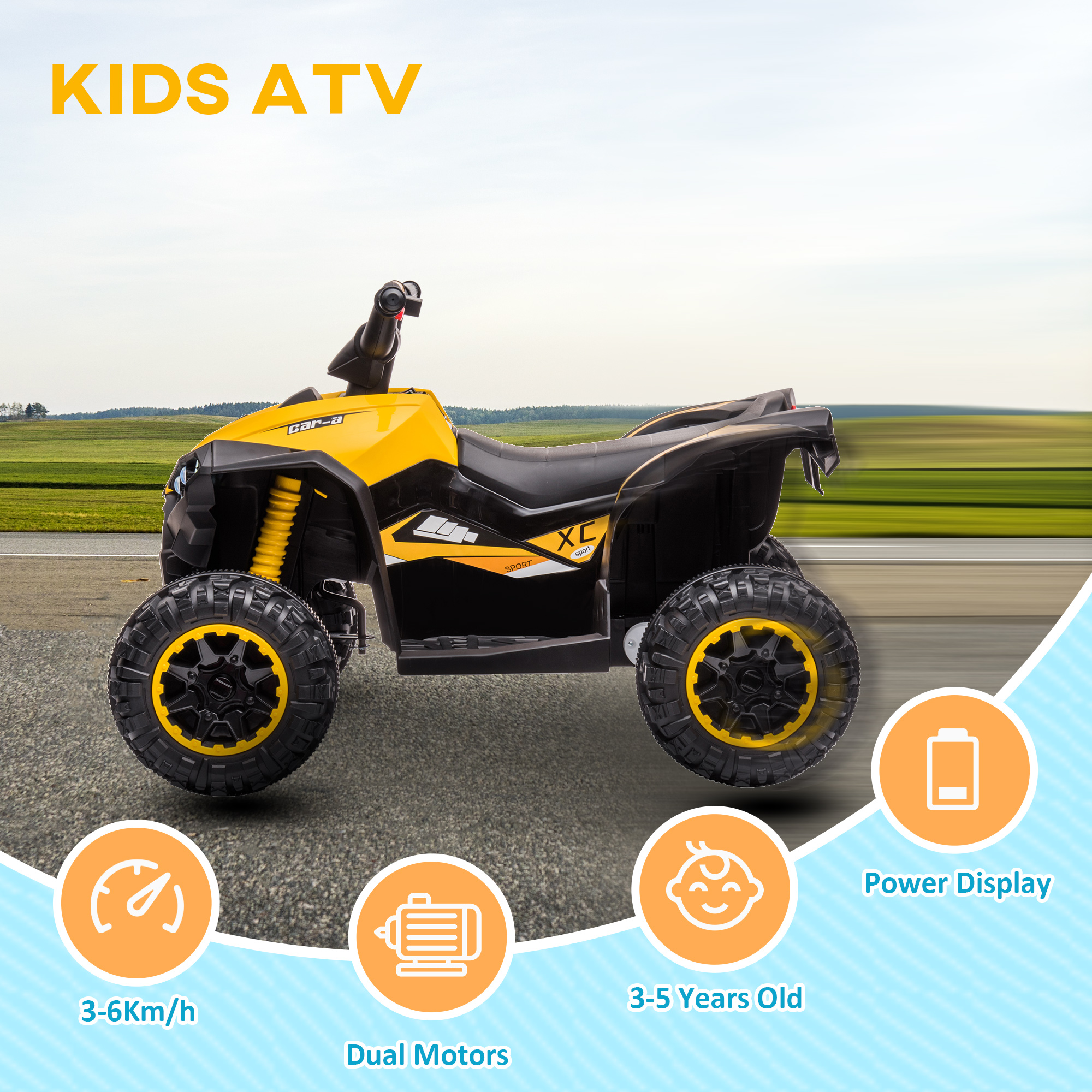 HOMCOM 12V Ride-On Quad Bike w/ Music, Horn, for Ages 3+ Years Yellow 4