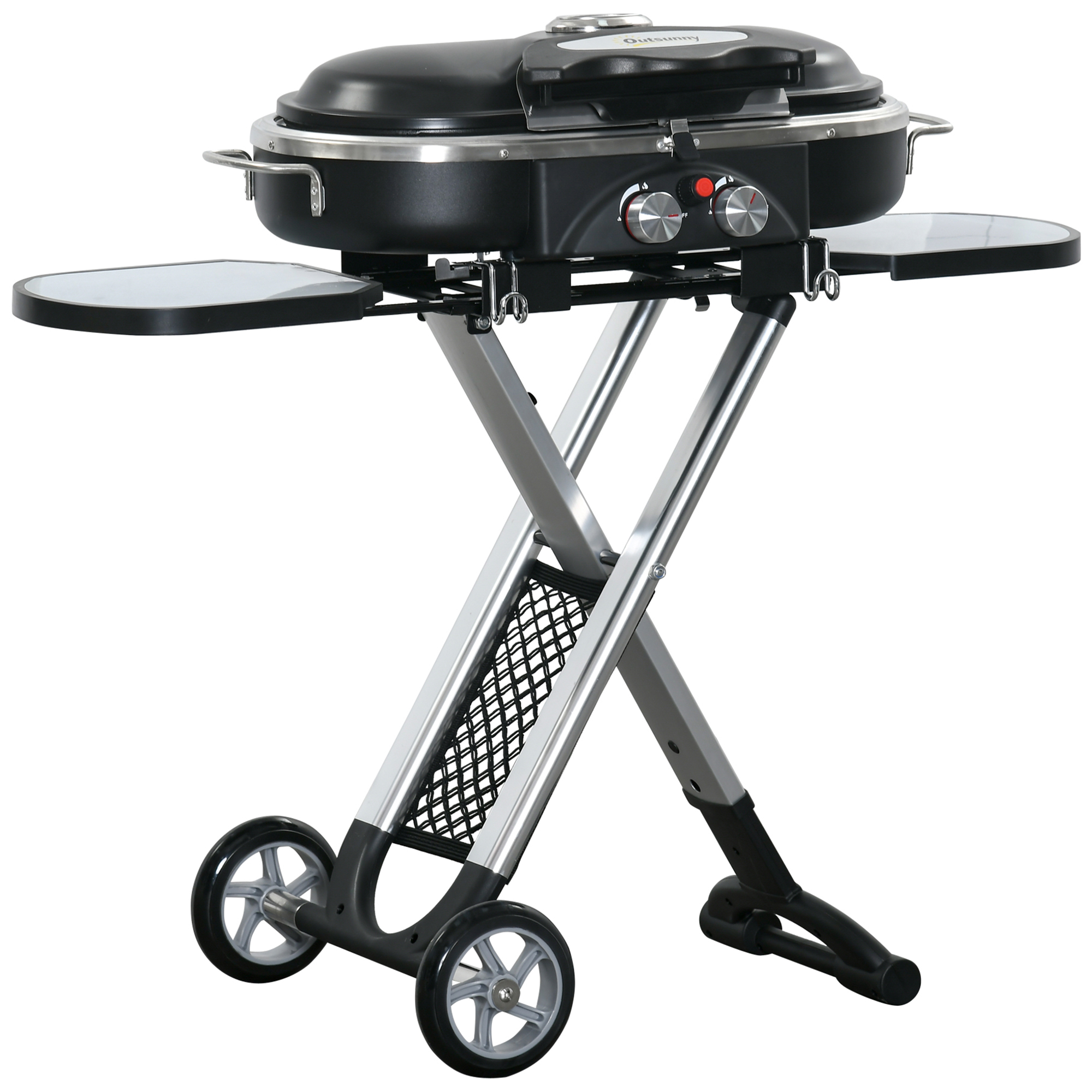 Outsunny Gas Grill BBQ Grillwagen Klappbar mit 2 Brenner Grillnetz Seitenablage Rollen 2,34 kW für Garten Balkon Terrasse Edelstahl Schwarz+Silber 100