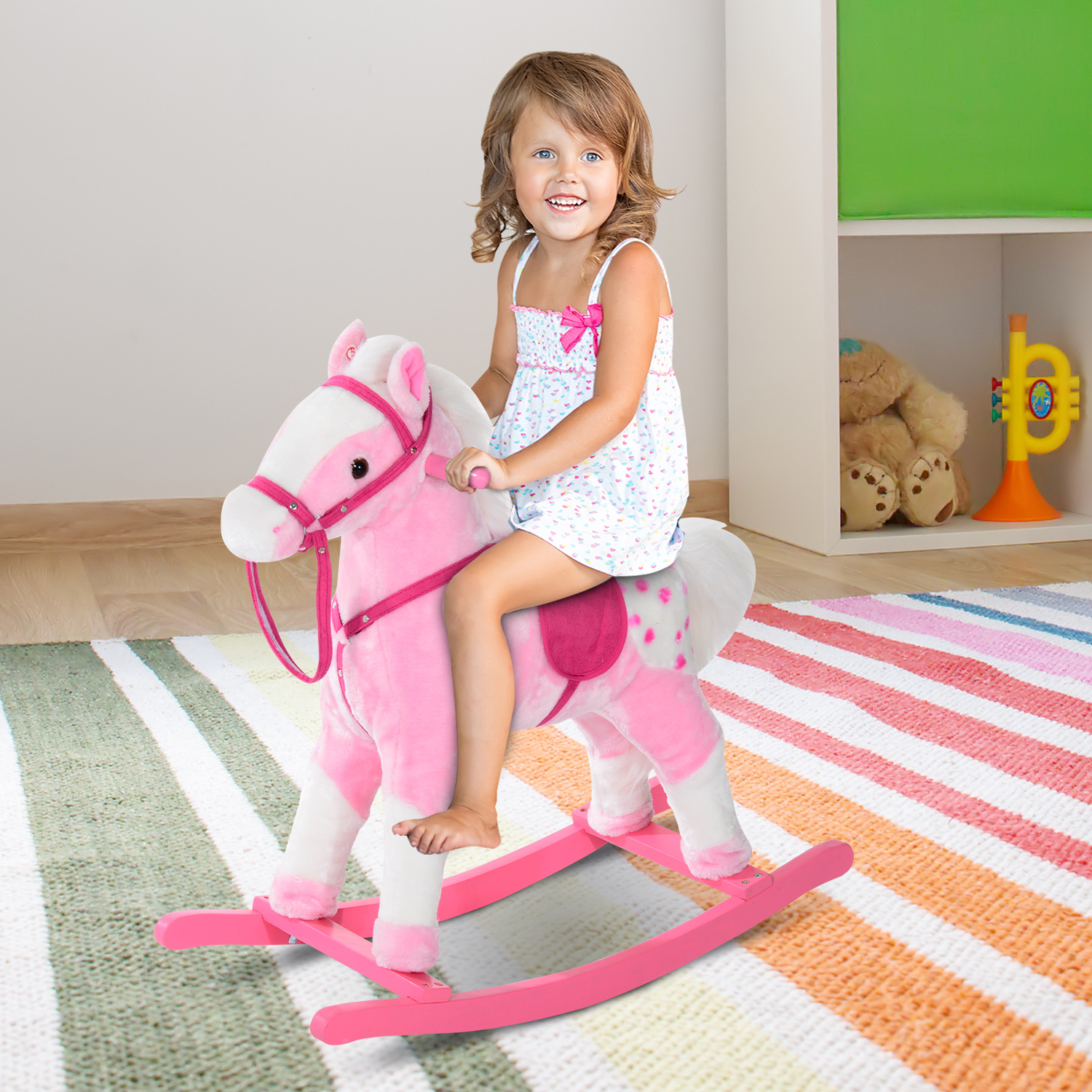 HOMCOM Baby Rocking Horse Plush Ride on Animals Rocker with Sound Handle Grip for Kids 3-6 Years Pink 2