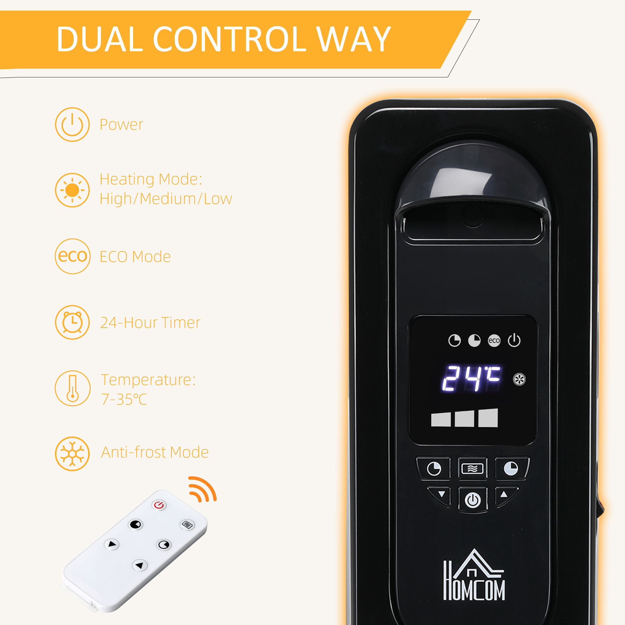 HOMCOM 1500W Digital Oil Filled Radiator, 7 Fin, Portable Electric Heater with LED Display, Built-in Timer, 3 Heat Settings, Safety Cut-Off and Remote Control, Black 5