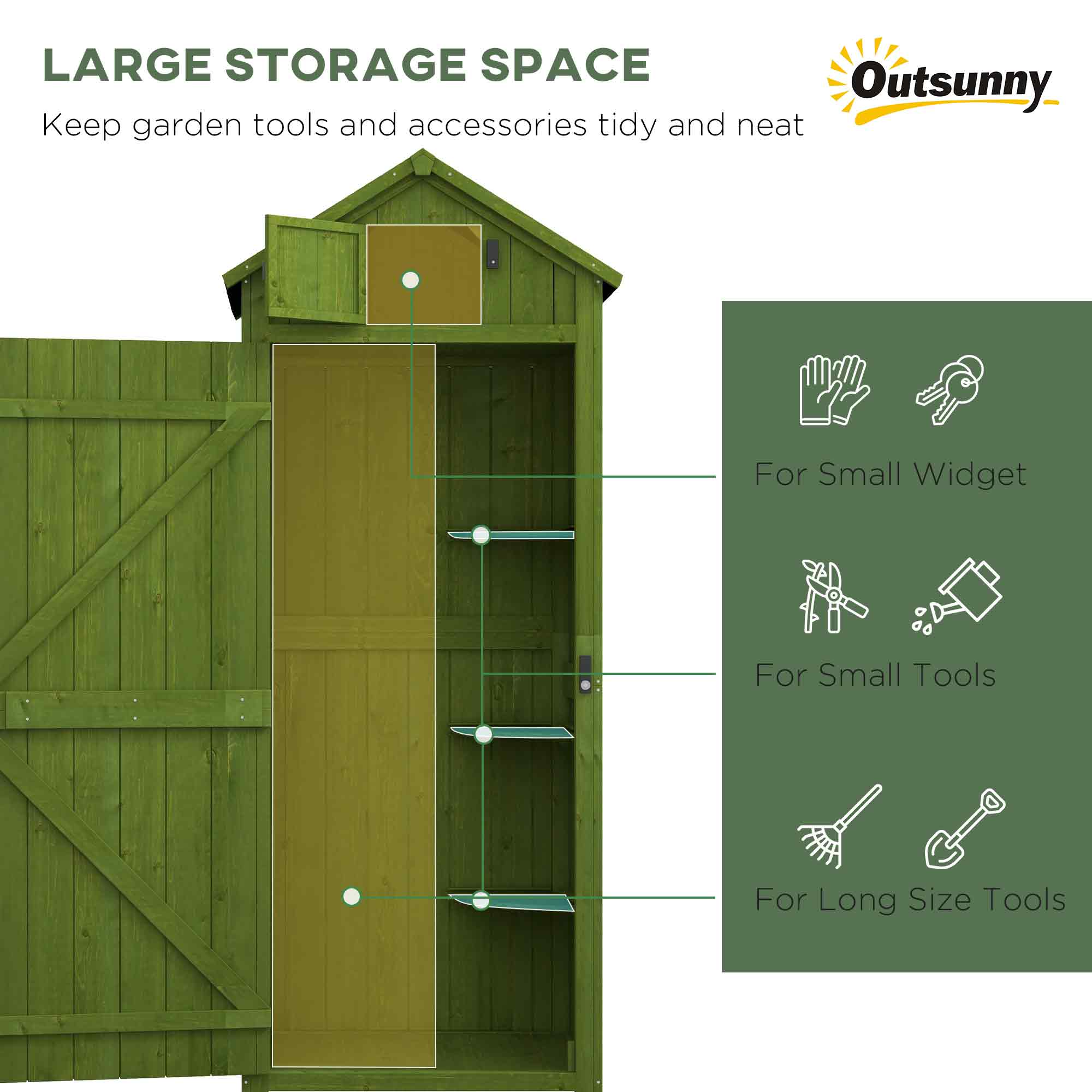 Outsunny Small Shed, Tall Slim Wooden Garden Shed with 3 Removable Shelves and Roof Hatch, Compact Outdoor Tool Storage Cabinet with Asphalt Roof and Door Latch, 77 x 54.2 x 179 cm, Green 4