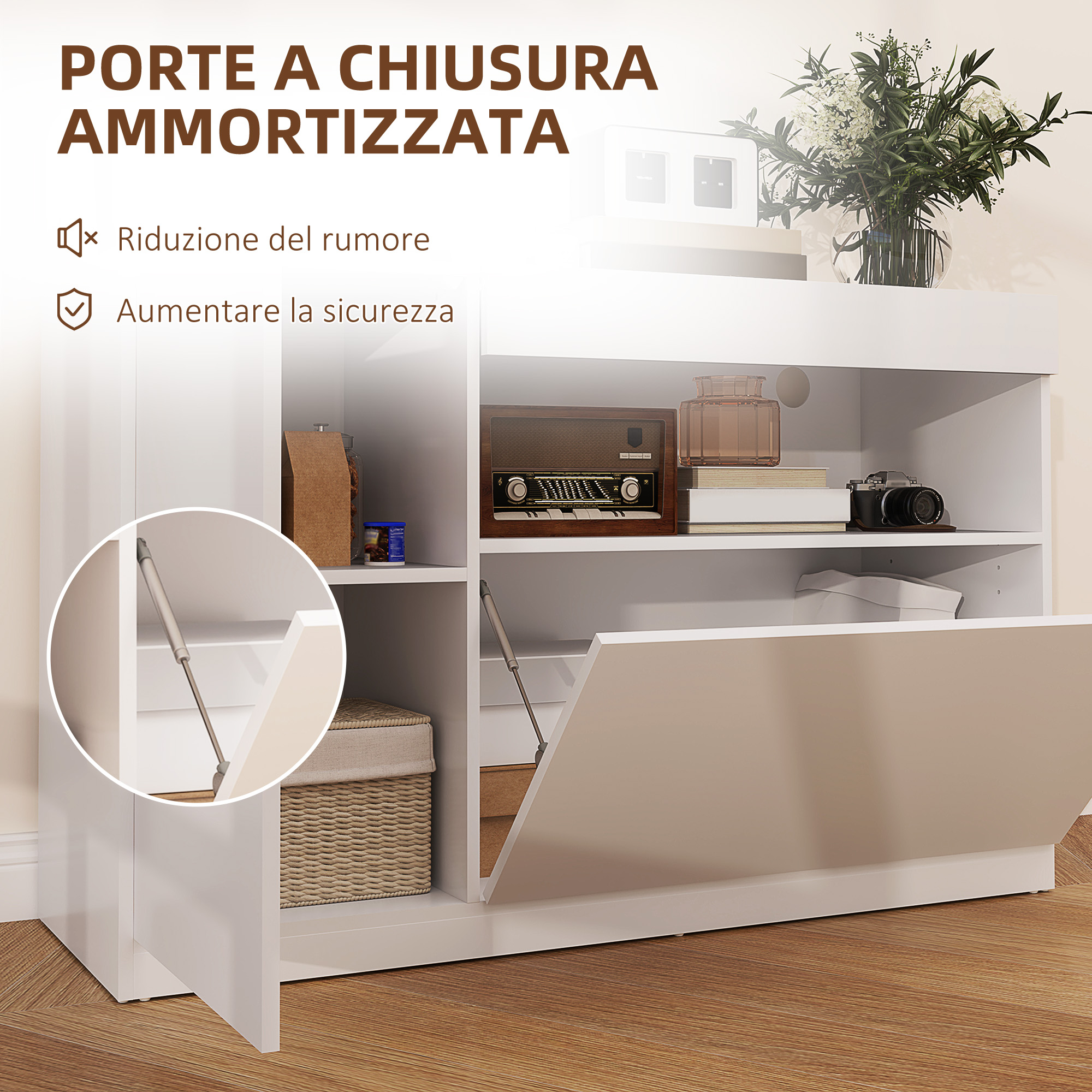 Credenza Soggiorno HOMCOM 140x40cm - Con 2 Ante, Ripiani Regolabili E Chiusura Ammortizzata | Bianco Lucido - Foto 14