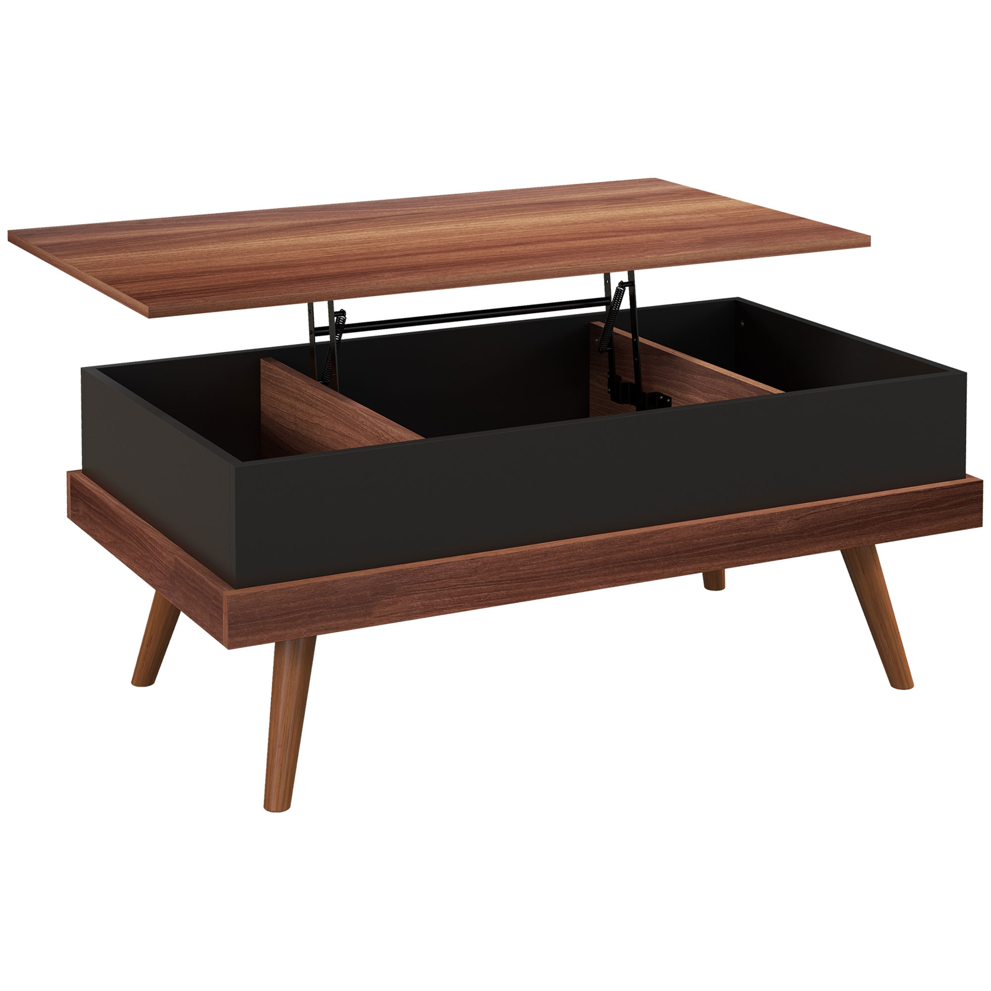 HOMCOM Mesa de Centro Elevable con 3 Compartimientos de Almacenaje Ocultos y Patas de Madera 100x79x54 cm Marrón y Negro   Aosom España