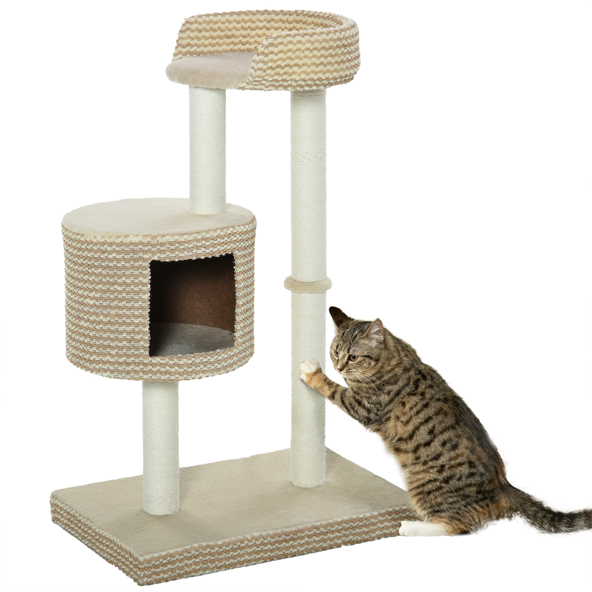 PawHut Árbol de Actividades para Gatos con Cueva de Felpa y Postes de Yute en Beige y Café 61x41x96 cm   Aosom España
