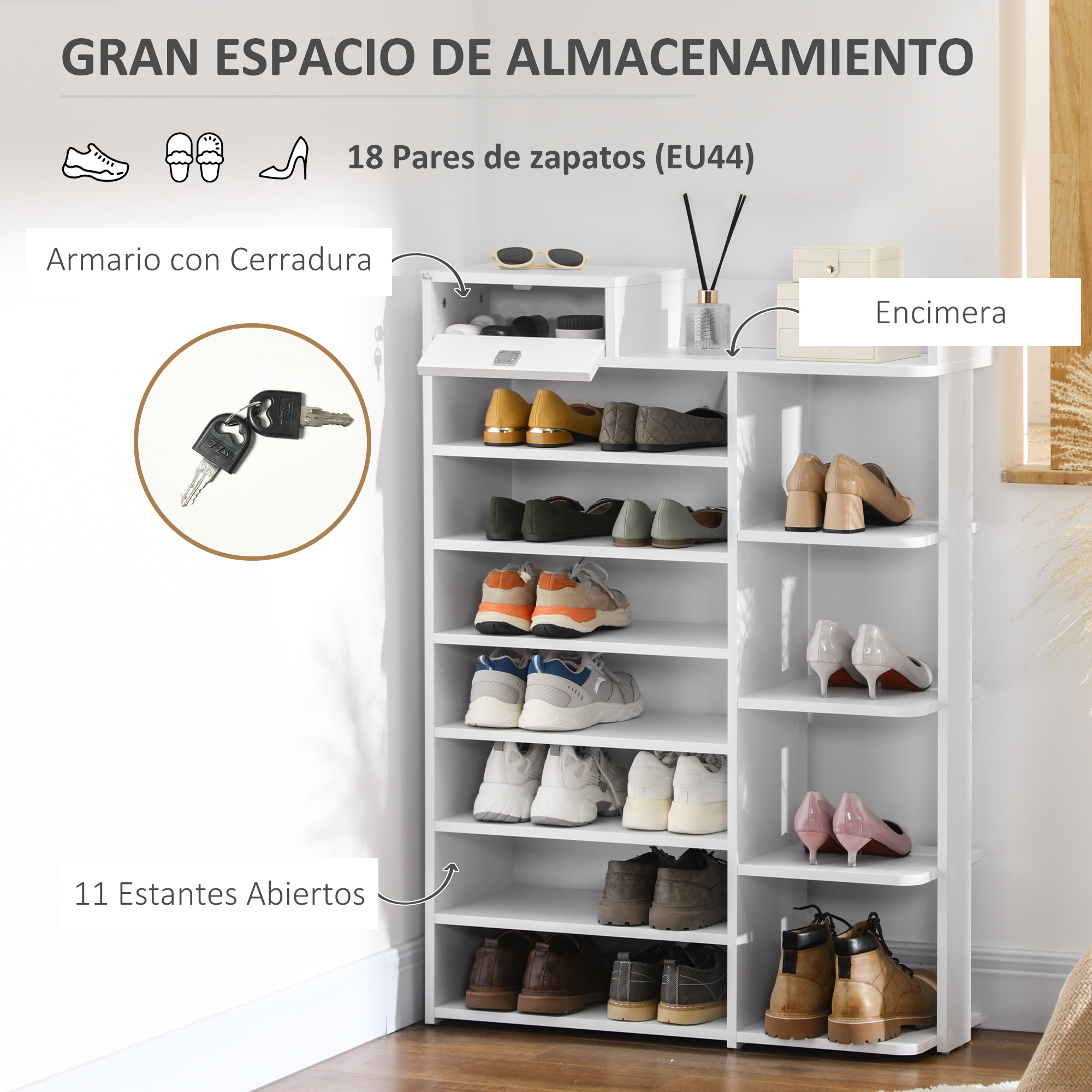 HOMCOM Estante Zapatero de Madera con 11 Estantes para 18 Pares de